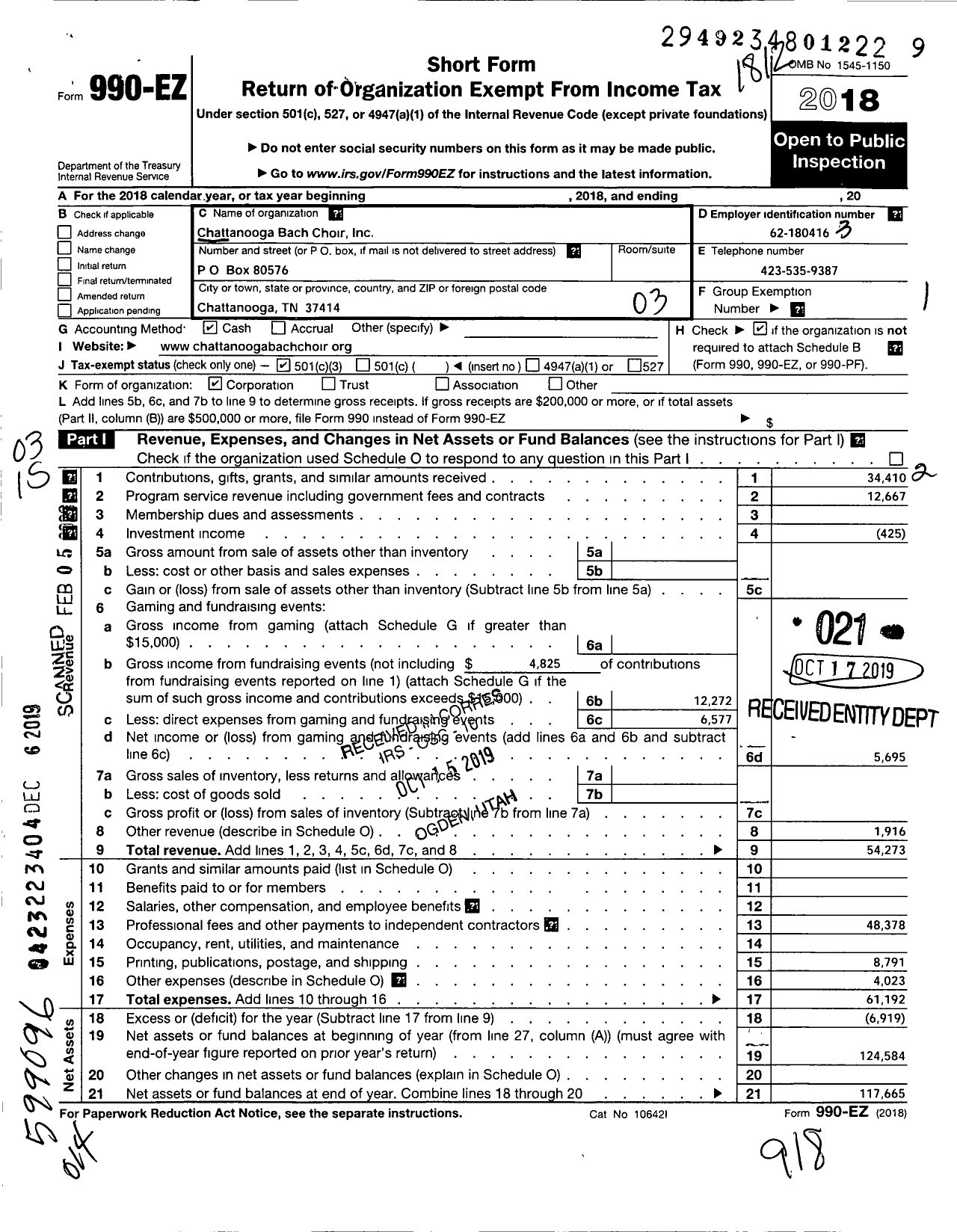 Image of first page of 2018 Form 990EZ for Chattnooga Bach Choir