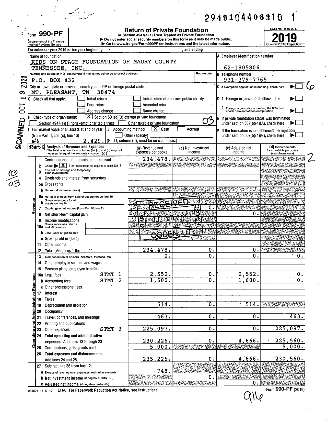 Image of first page of 2019 Form 990PF for Kids on Stage Foundation of Maury County Tennessee