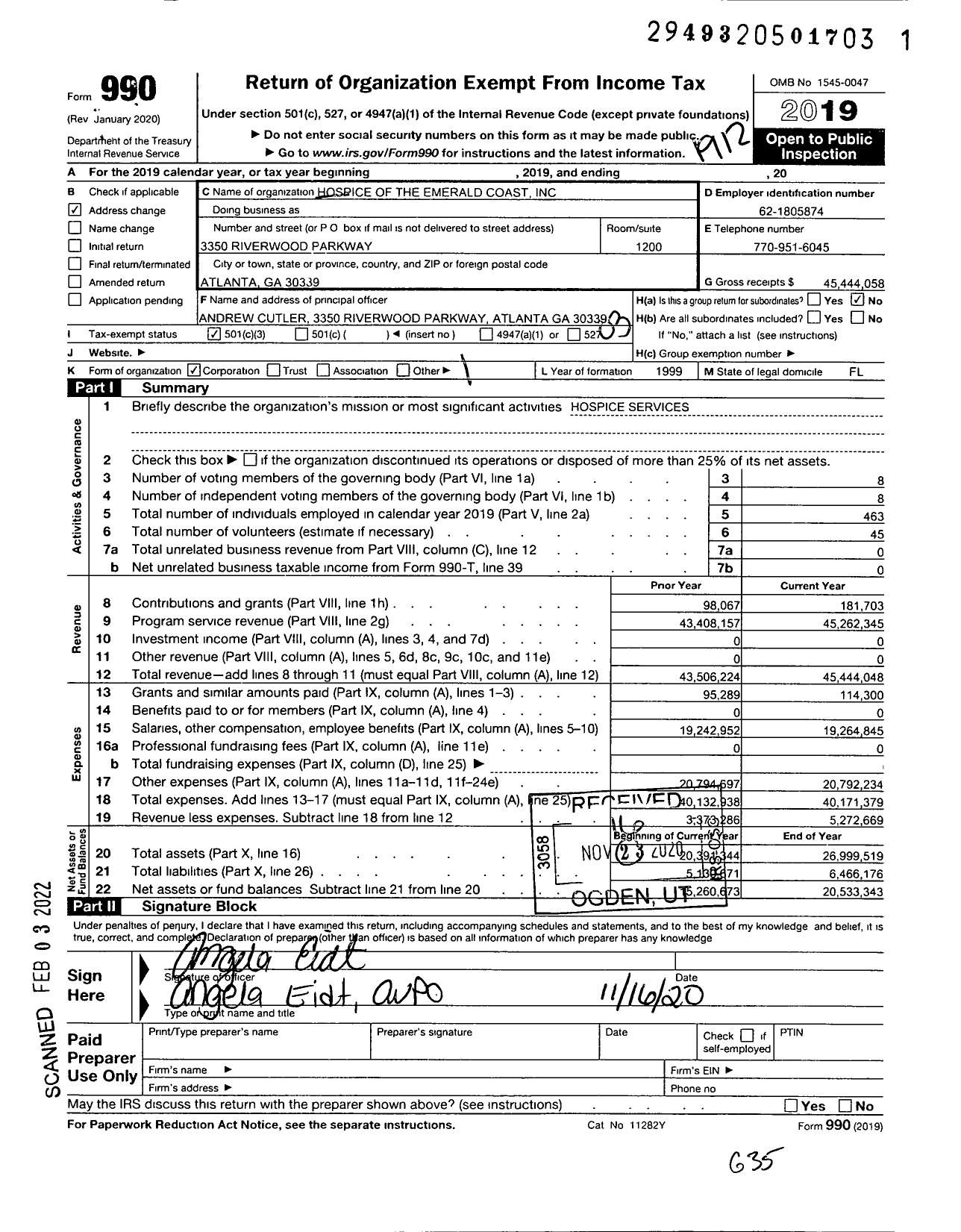 Image of first page of 2019 Form 990 for Hospice of the Emerald Coast