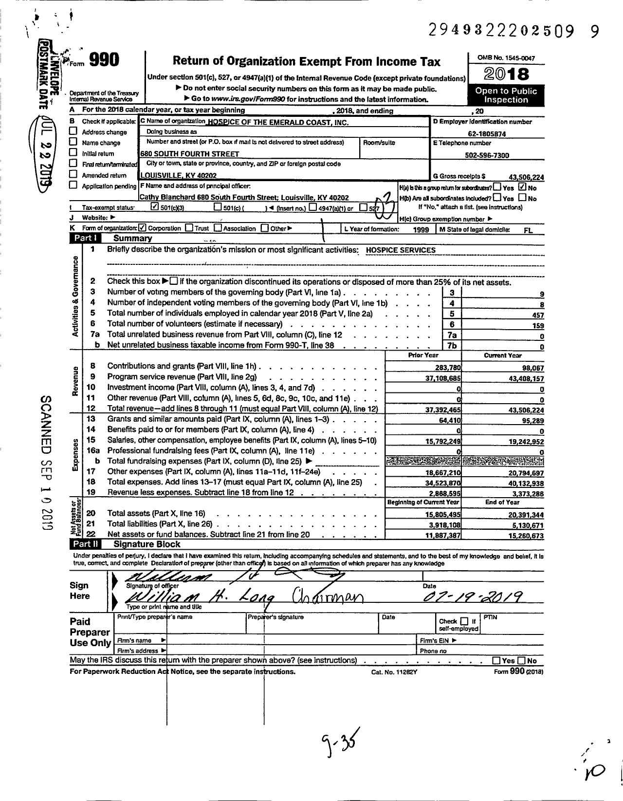 Image of first page of 2018 Form 990 for Hospice of the Emerald Coast