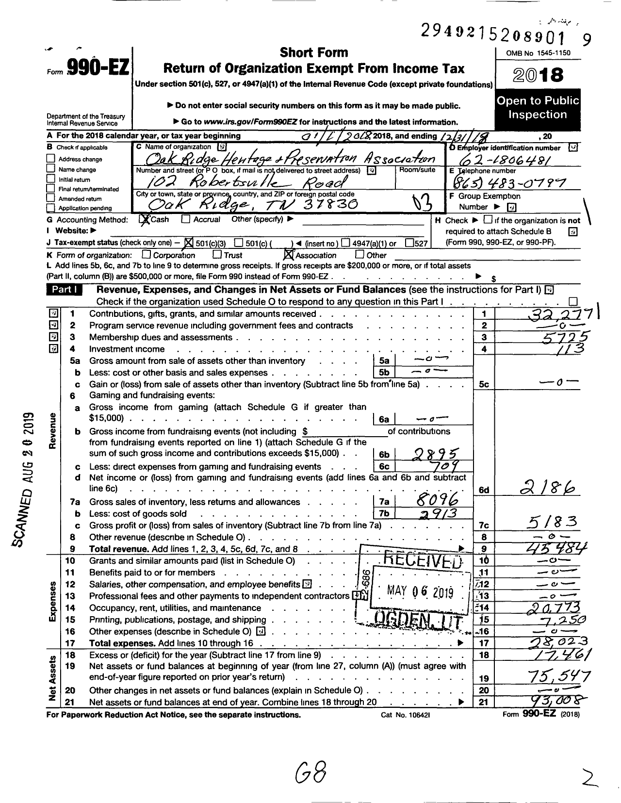 Image of first page of 2018 Form 990EZ for OAK RIDGE HERITAGE and PRESERVATION