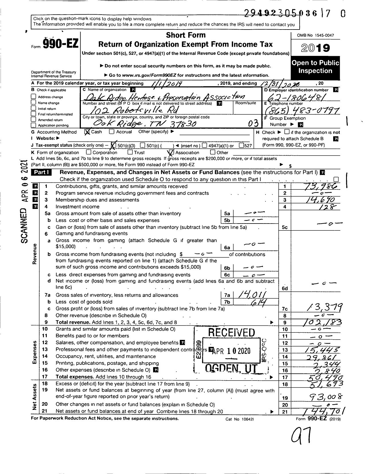 Image of first page of 2019 Form 990EZ for OAK RIDGE HERITAGE and PRESERVATION