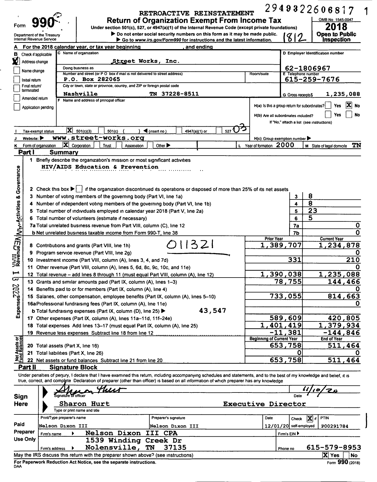 Image of first page of 2018 Form 990 for Street Works