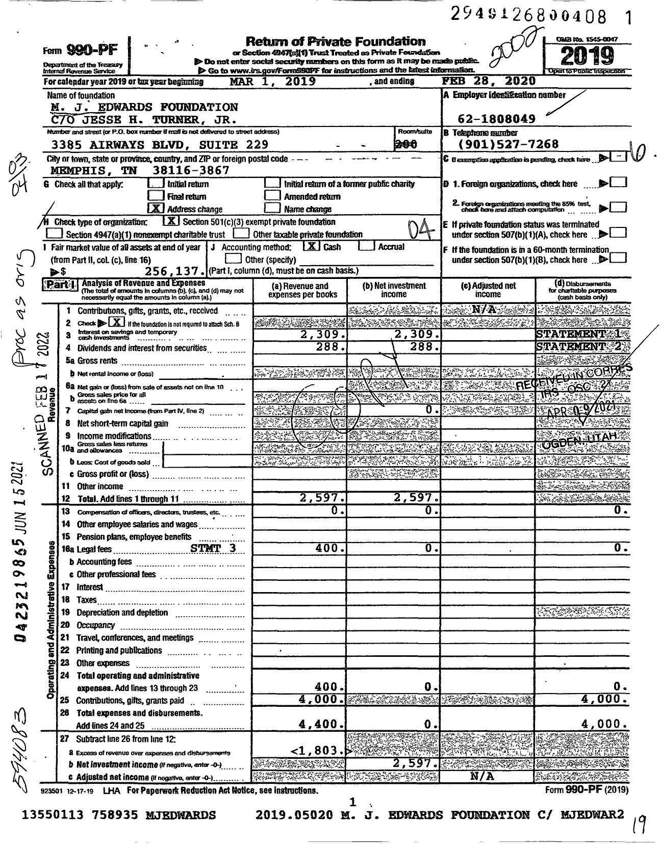 Image of first page of 2019 Form 990PF for M J Edwards Foundation