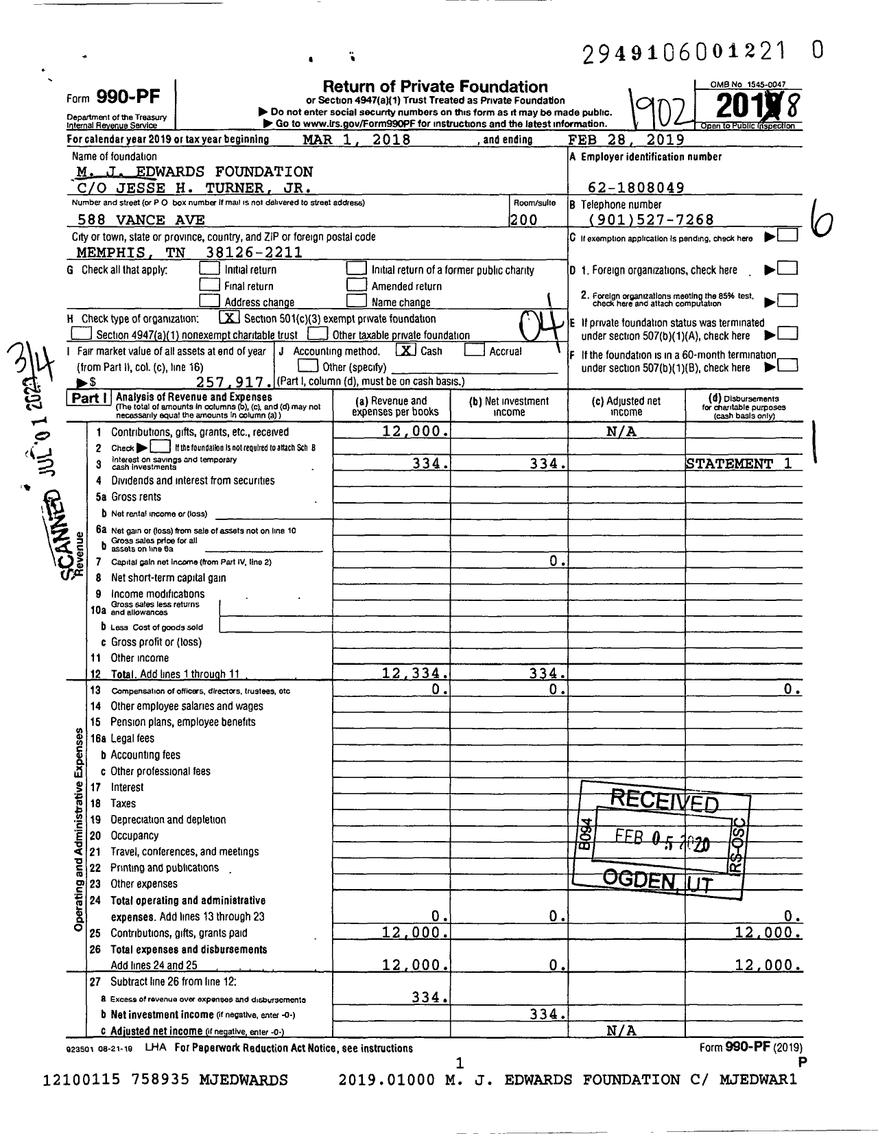 Image of first page of 2018 Form 990PR for M J Edwards Foundation