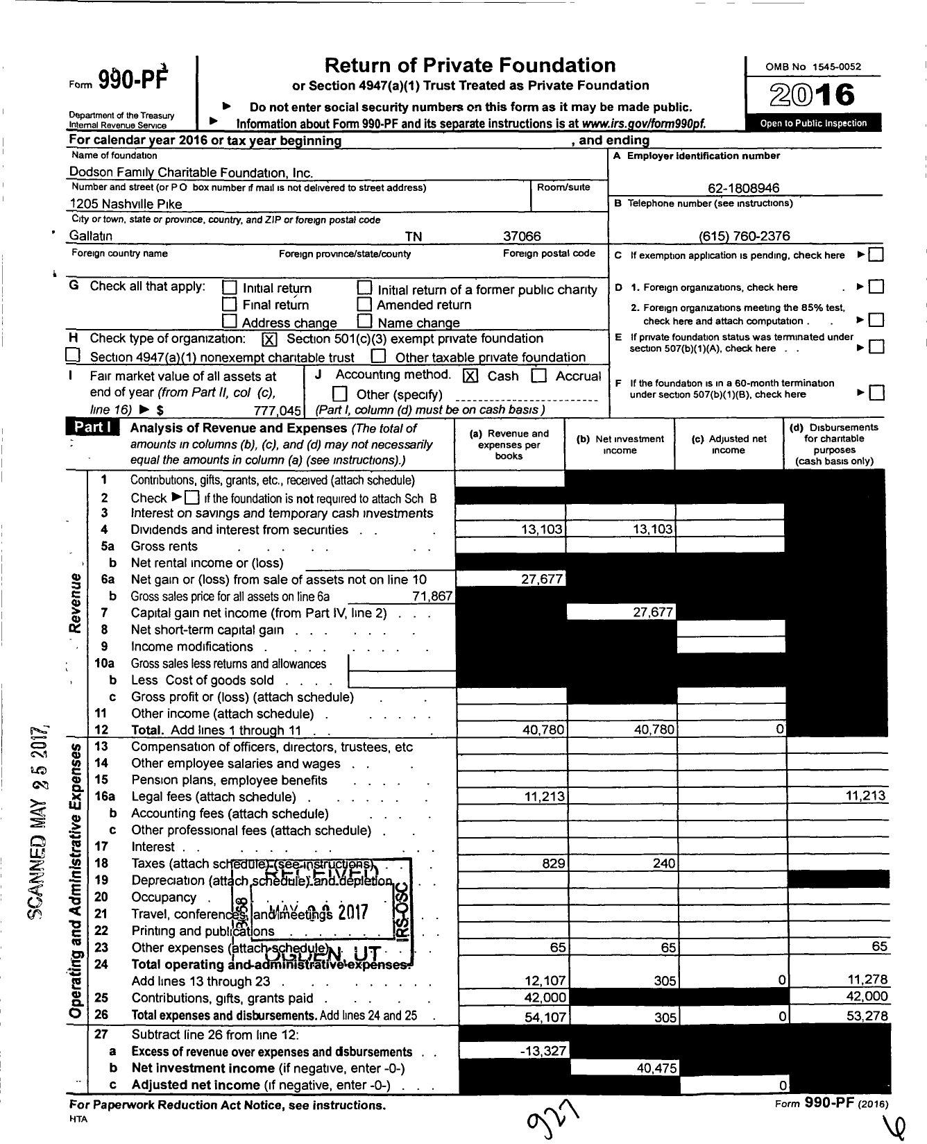 Image of first page of 2016 Form 990PF for Dodson Family Charitable Foundation