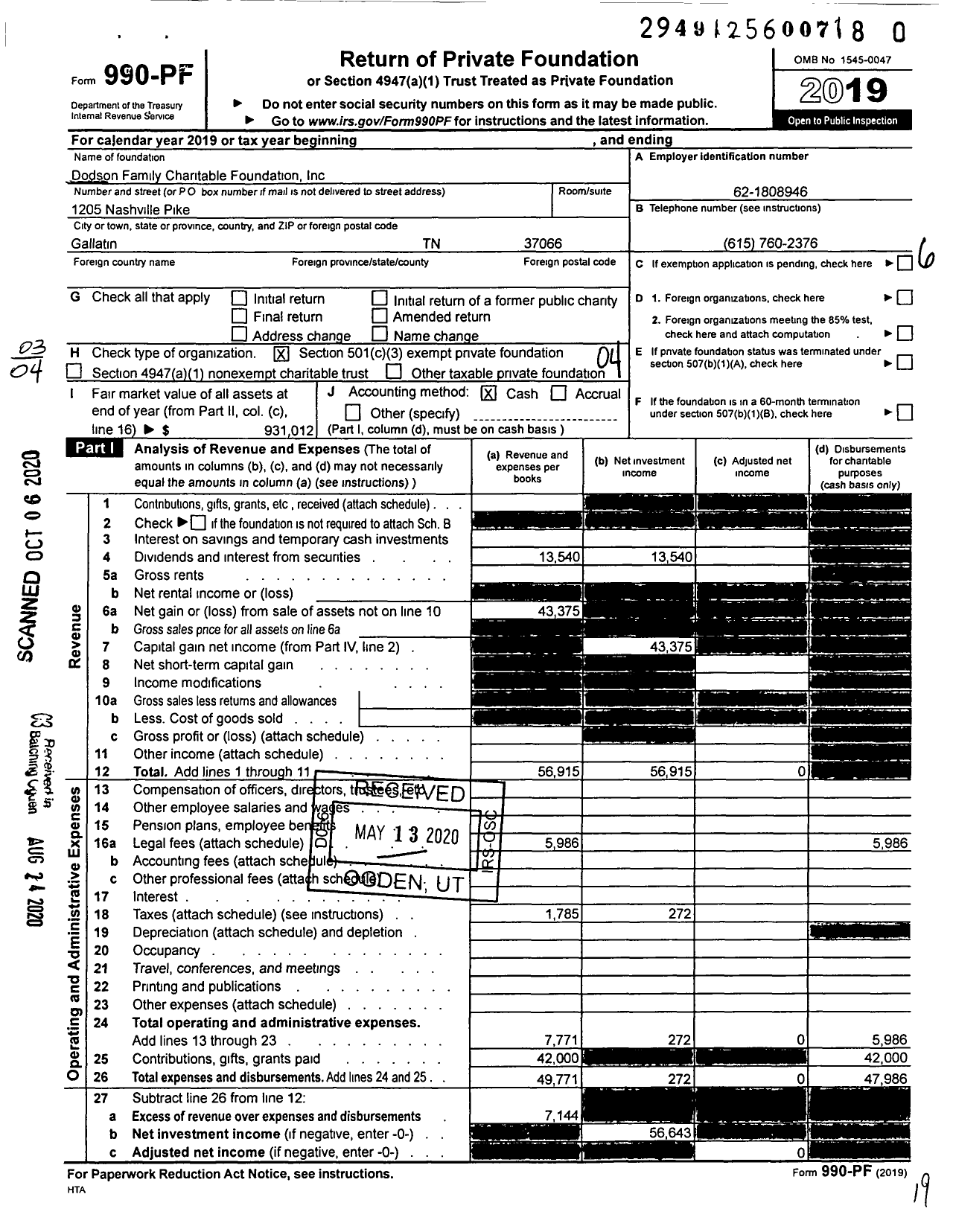 Image of first page of 2019 Form 990PR for Dodson Family Charitable Foundation