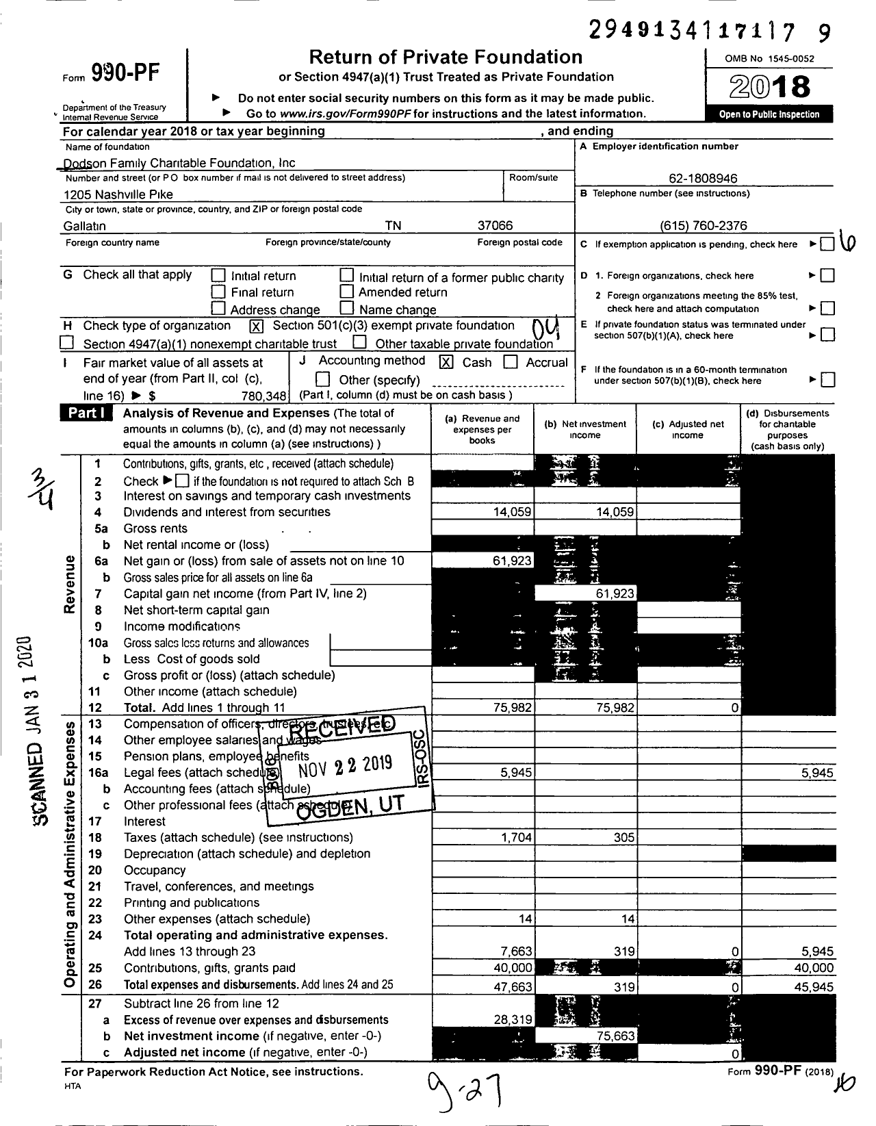 Image of first page of 2018 Form 990PF for Dodson Family Charitable Foundation