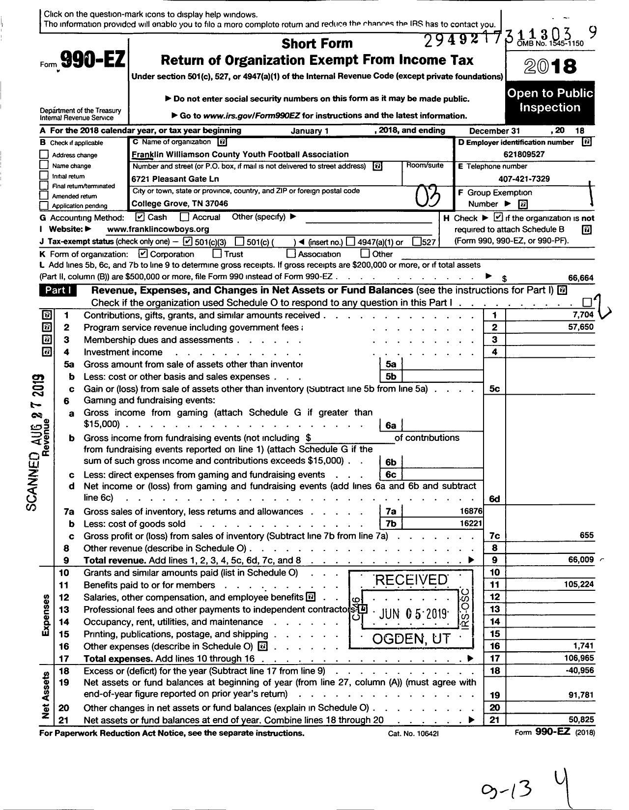 Image of first page of 2018 Form 990EZ for Franklin-Williamson COUNTY YOUTH FOOTBALL ASSOCIATION