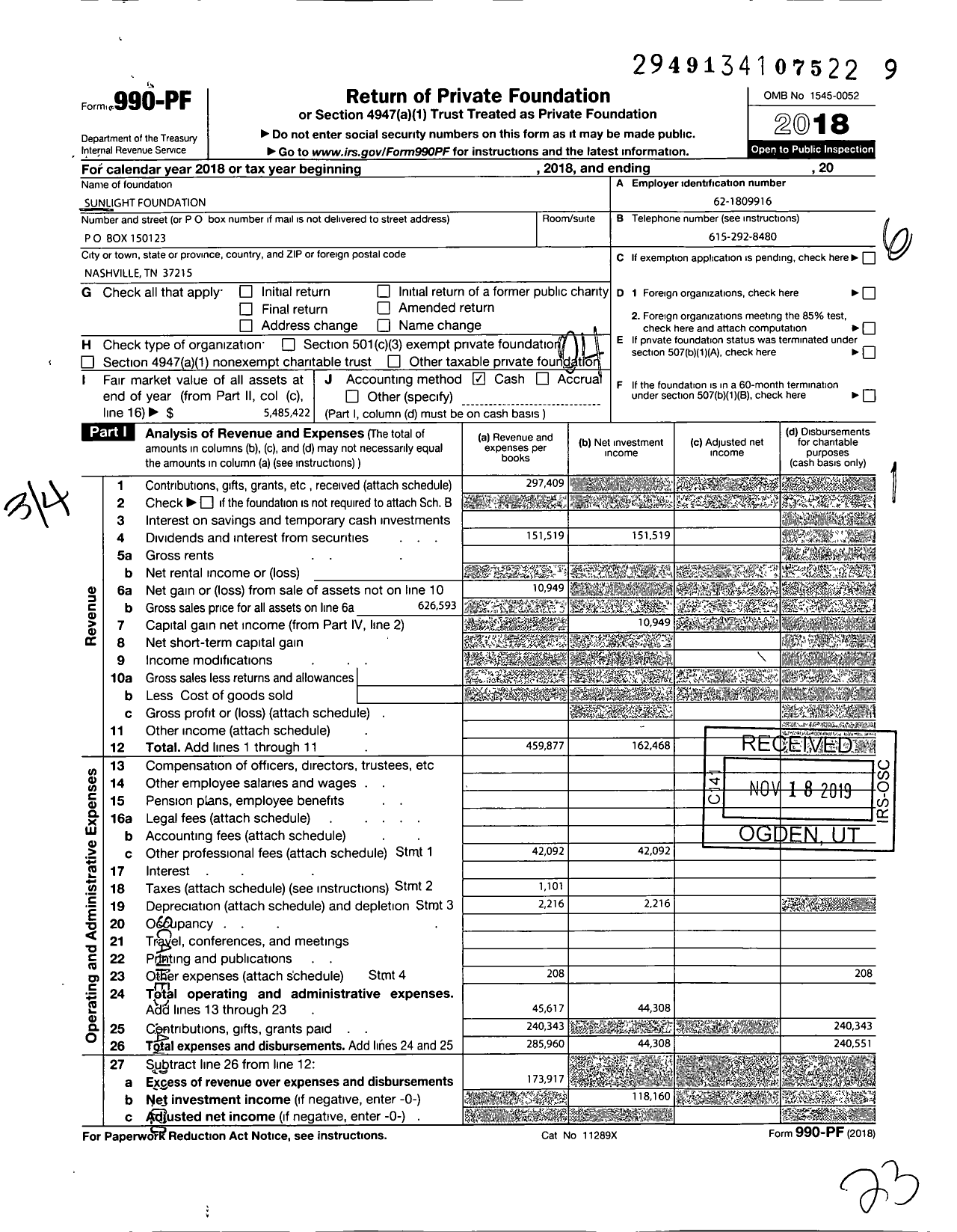 Image of first page of 2018 Form 990PF for Sunlight Foundation