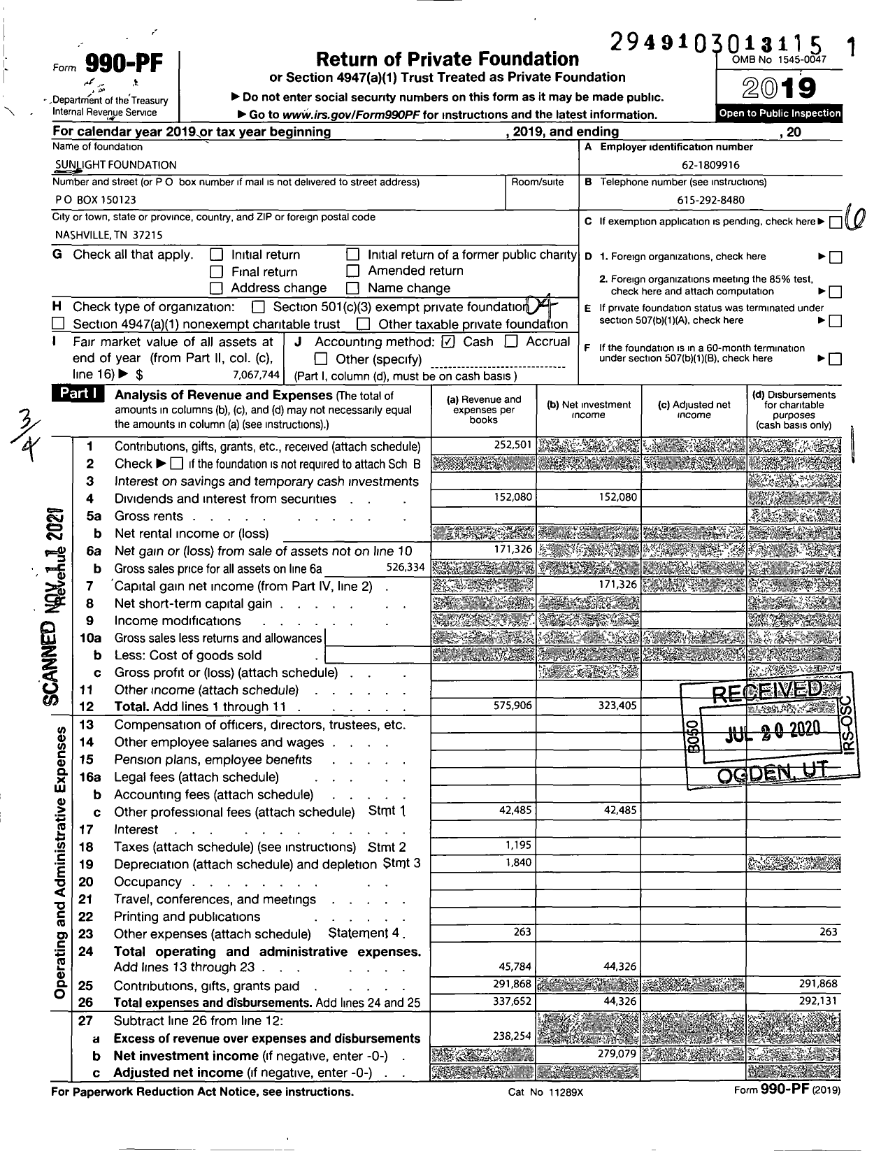 Image of first page of 2019 Form 990PF for Sunlight Foundation