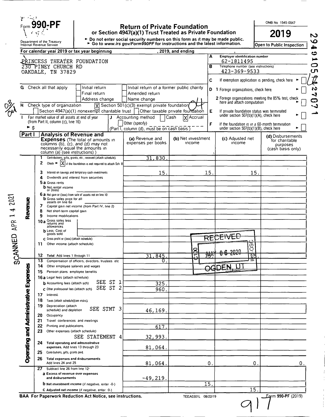 Image of first page of 2019 Form 990PF for Princess Theater Foundation