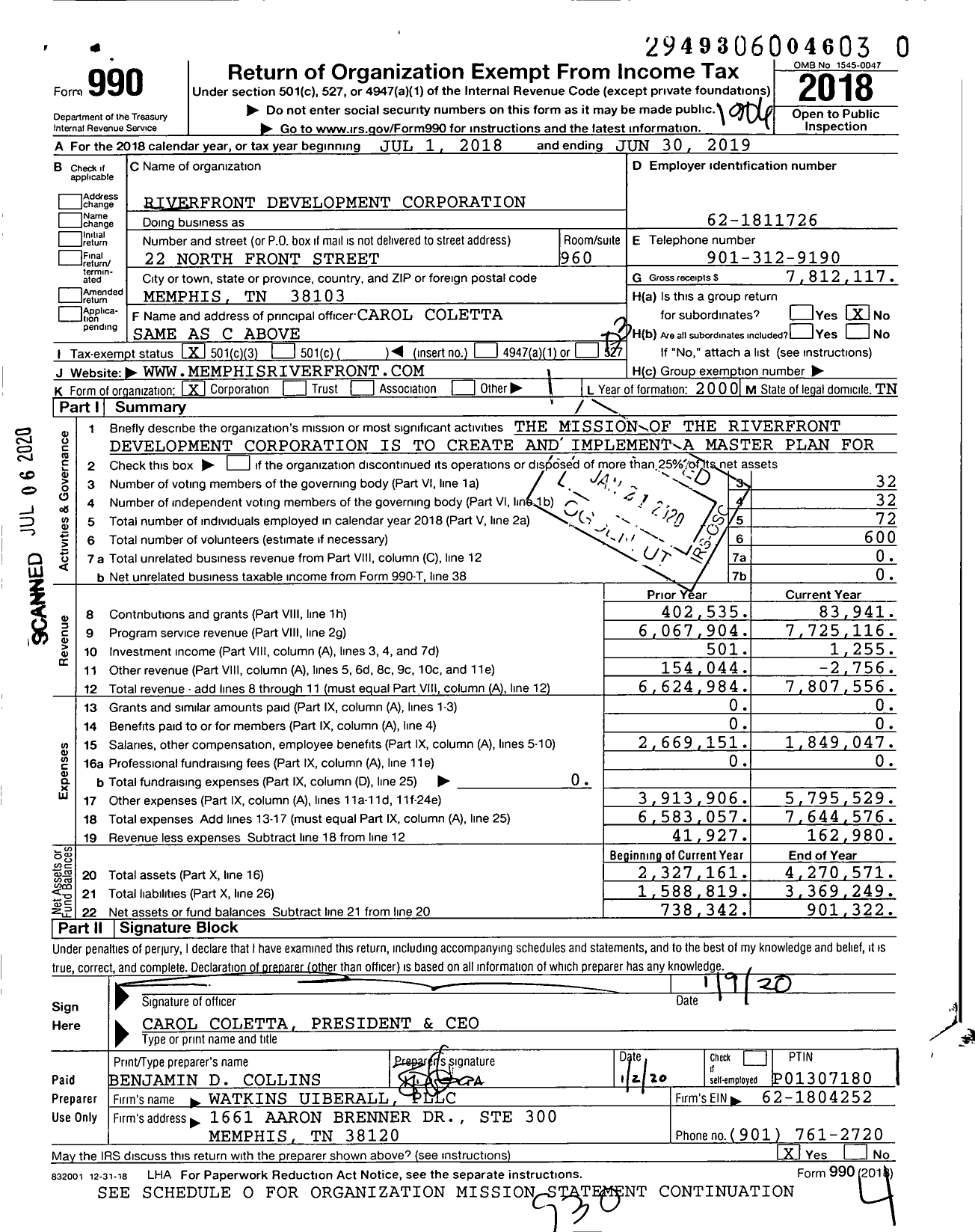 Image of first page of 2018 Form 990 for Memphis River Parks Partnership