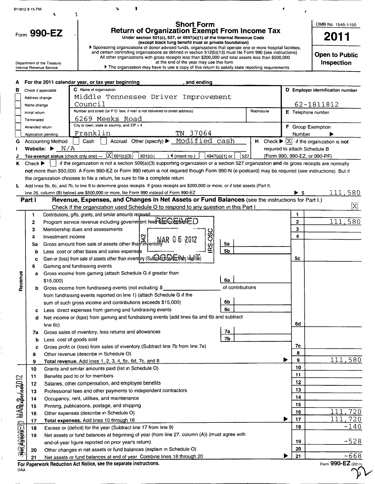 Image of first page of 2011 Form 990EZ for Middle Tennessee Driver Improvement Council