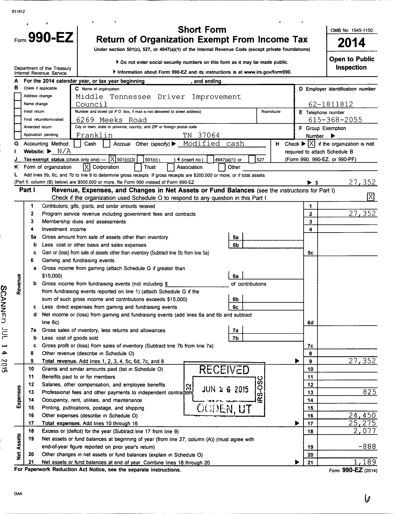 Image of first page of 2014 Form 990EZ for Middle Tennessee Driver Improvement Council