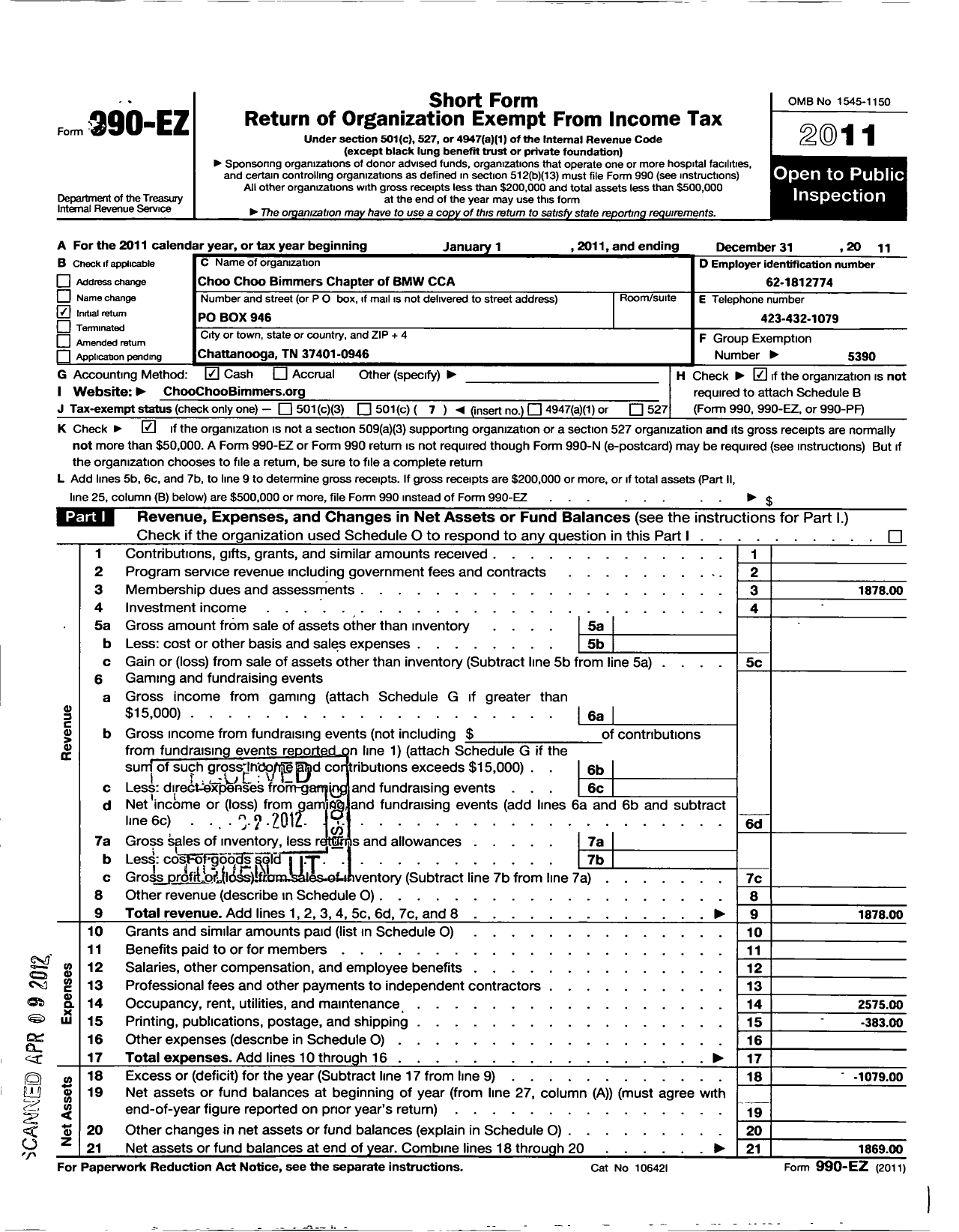 Image of first page of 2011 Form 990EO for BMW Car Club of America / Choo Choo Bimmers