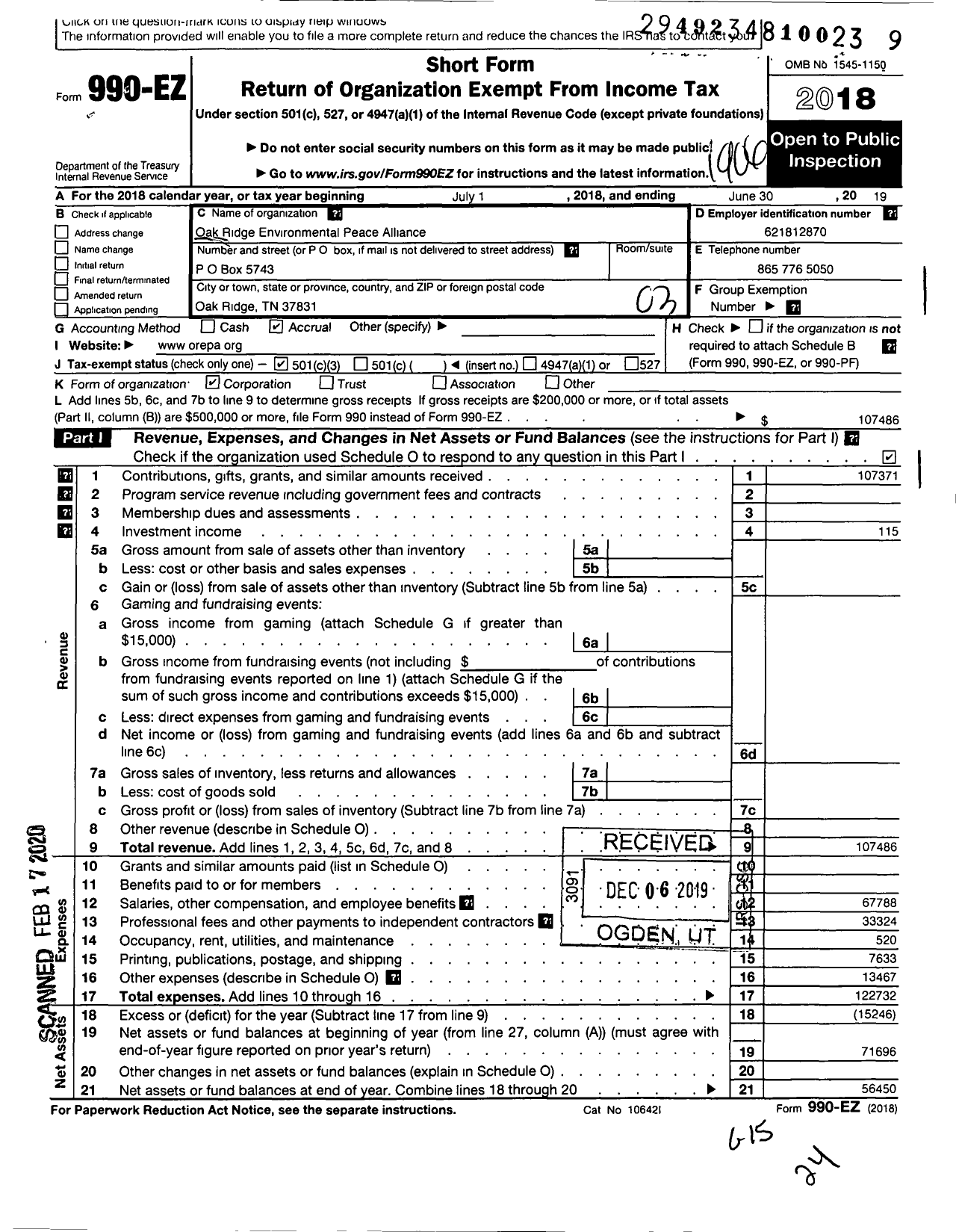 Image of first page of 2018 Form 990EZ for Oak Ridge Environmental Peace Alliance