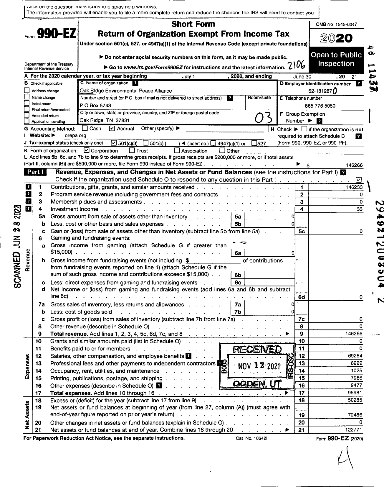 Image of first page of 2020 Form 990EZ for Oak Ridge Environmental Peace Alliance