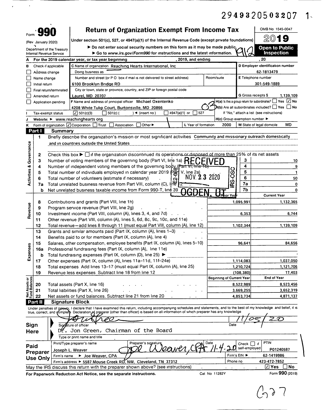 Image of first page of 2019 Form 990 for Reaching Hearts International