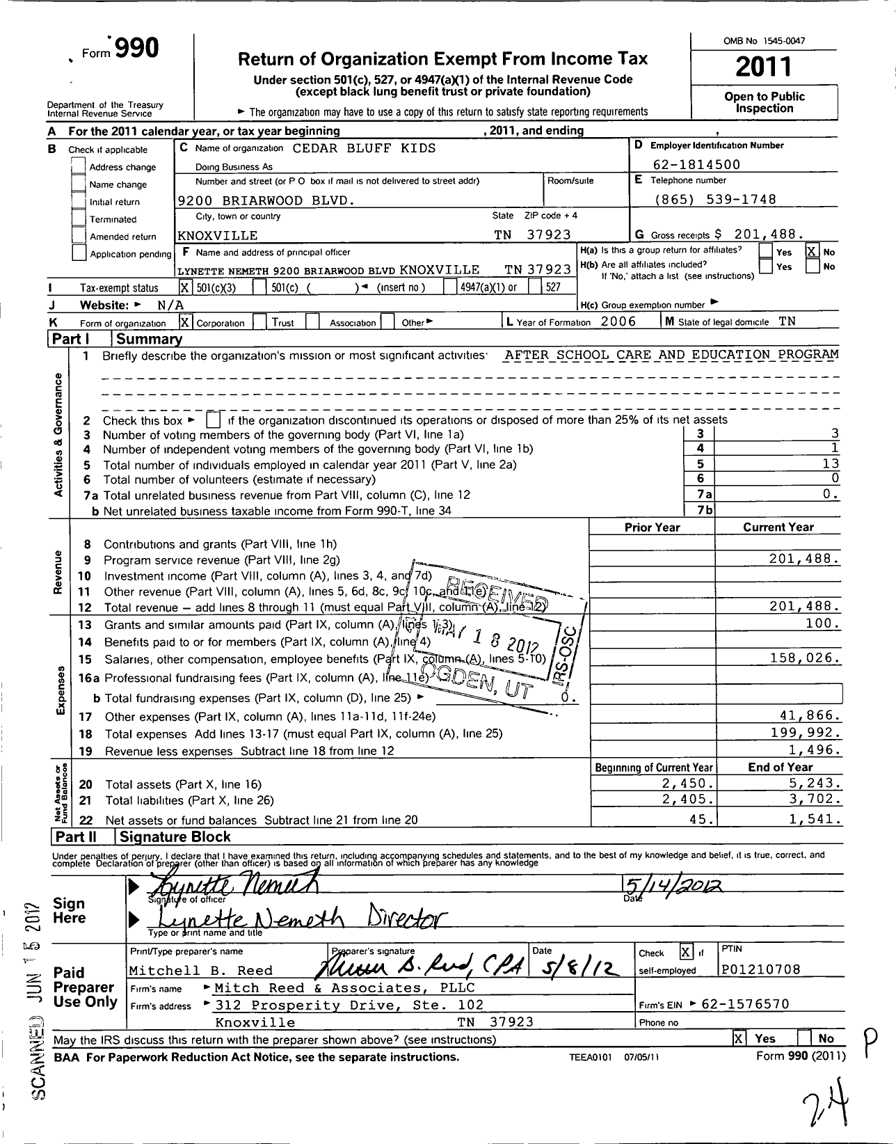 Image of first page of 2011 Form 990 for Cedar Bluff Kids