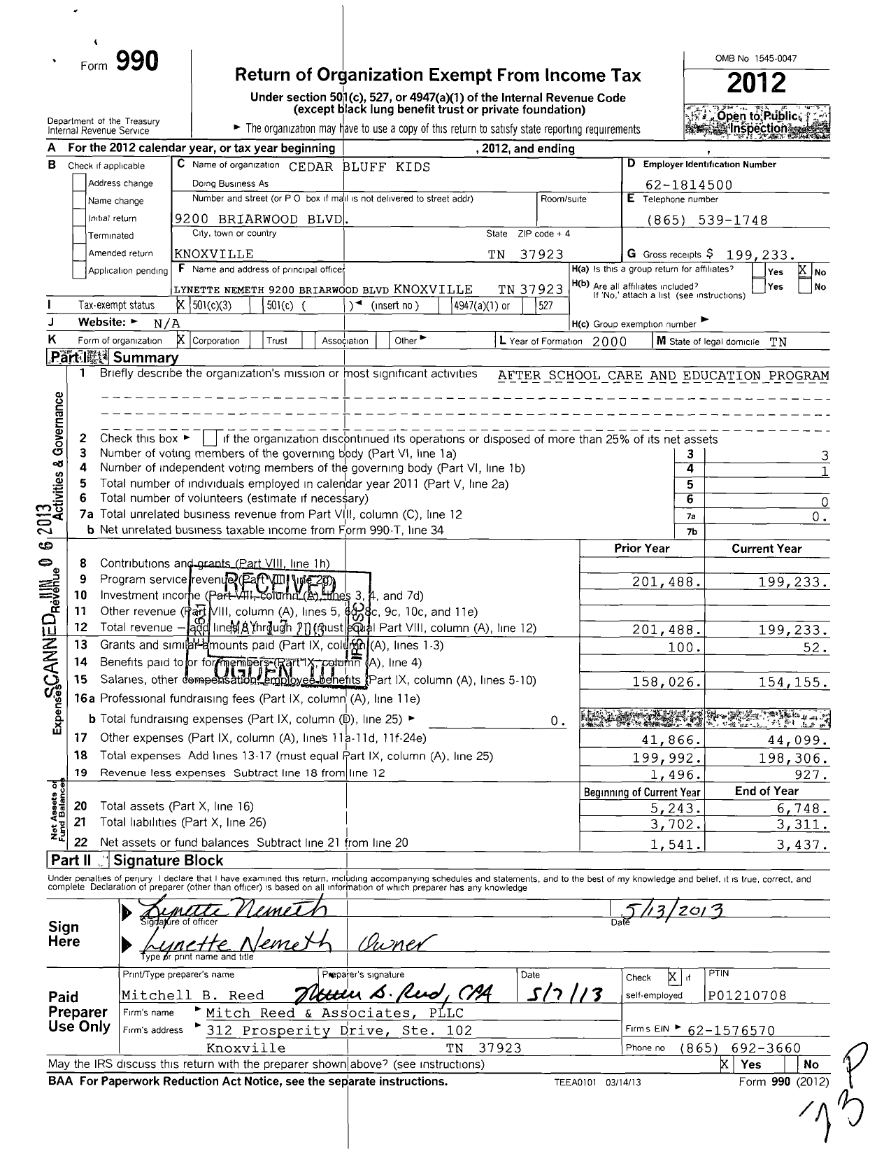 Image of first page of 2012 Form 990 for Cedar Bluff Kids