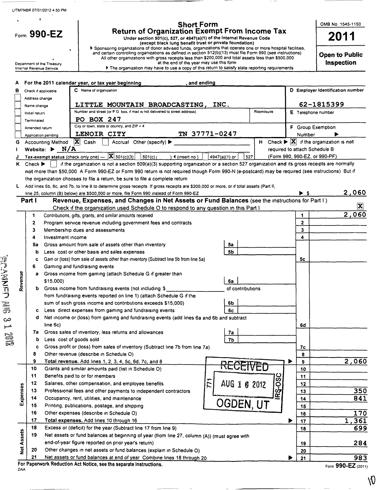 Image of first page of 2011 Form 990EZ for Little Mountain Broadcasting