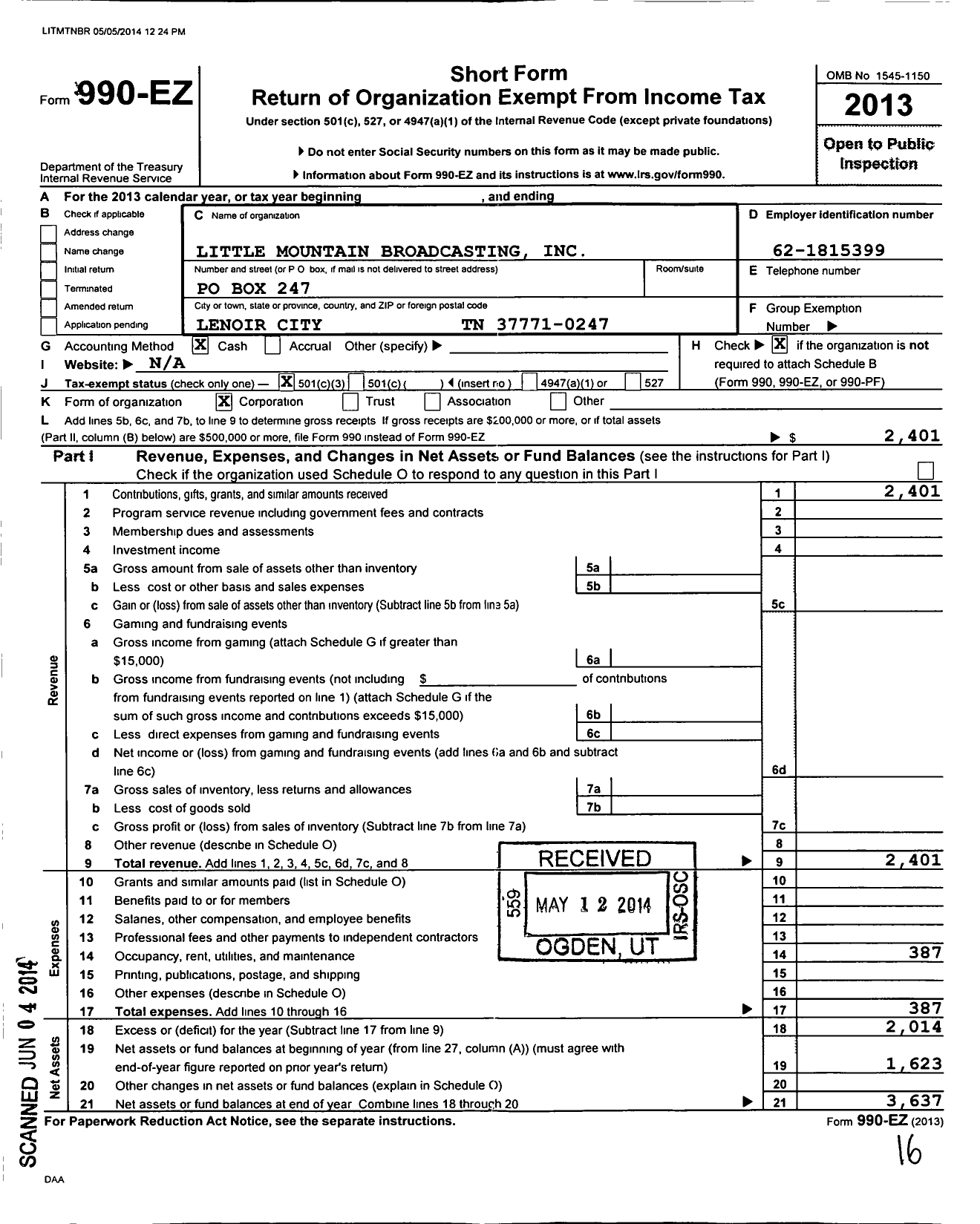 Image of first page of 2013 Form 990EZ for Little Mountain Broadcasting