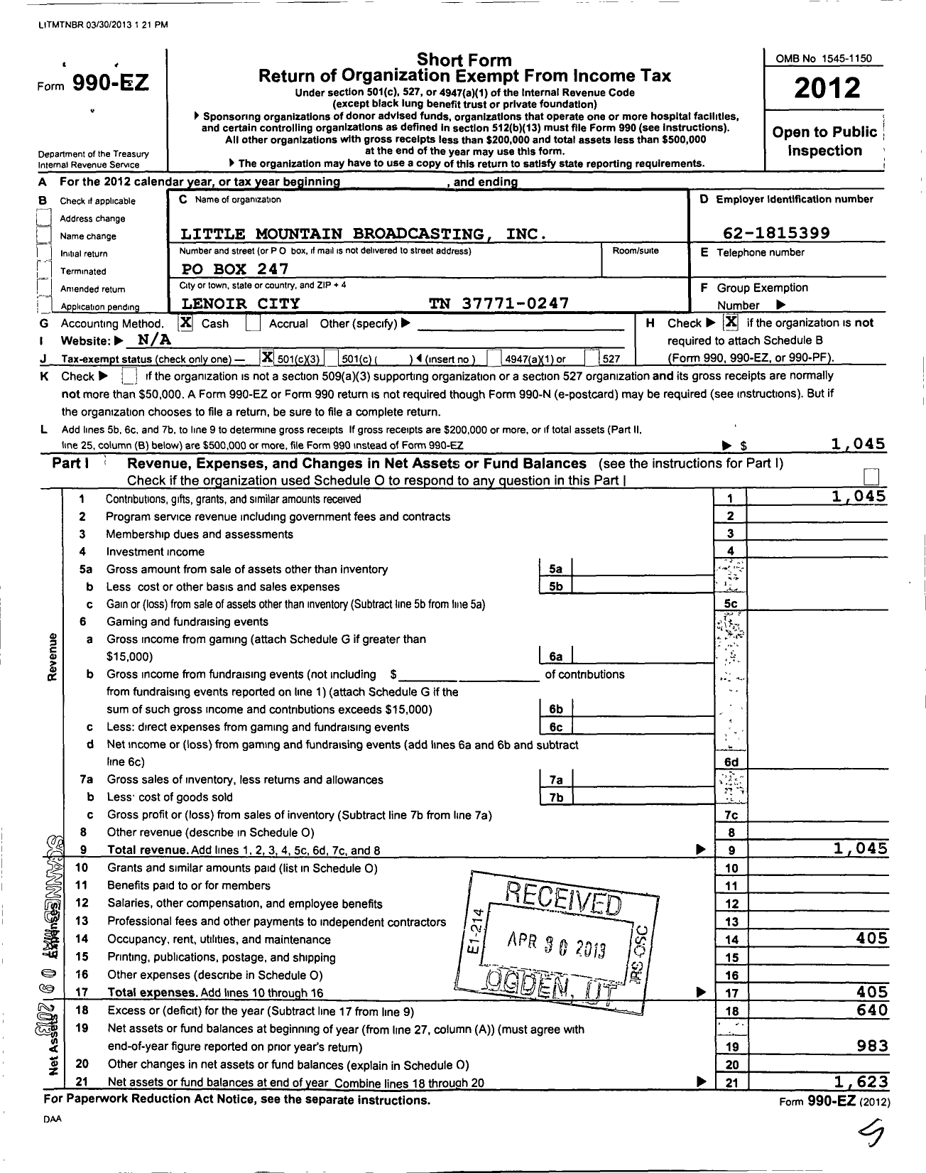 Image of first page of 2012 Form 990EZ for Little Mountain Broadcasting