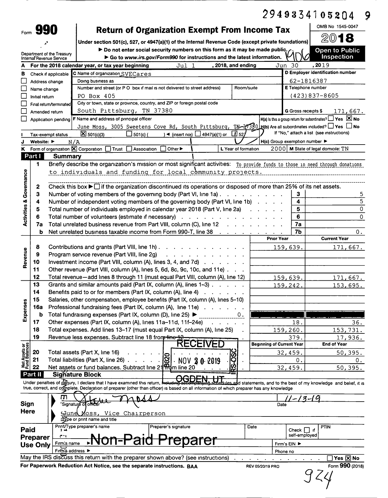 Image of first page of 2018 Form 990 for Svecares