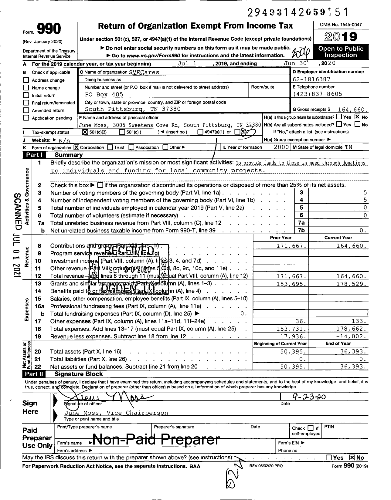 Image of first page of 2019 Form 990 for Svecares