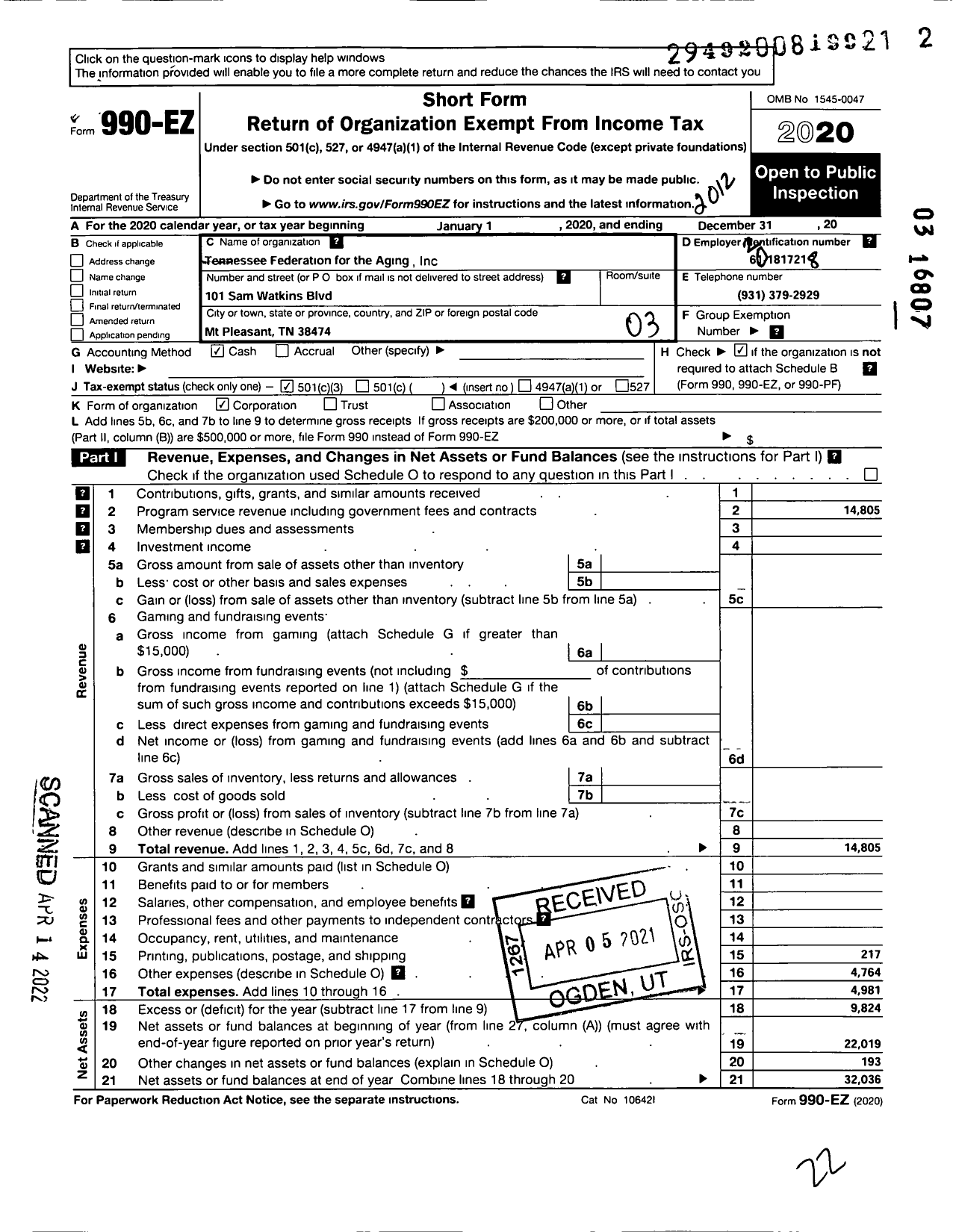 Image of first page of 2020 Form 990EZ for Tennessee Federation for the Aging