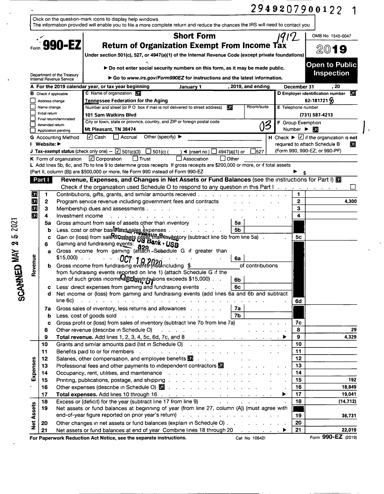 Image of first page of 2019 Form 990EZ for Tennessee Federation for the Aging