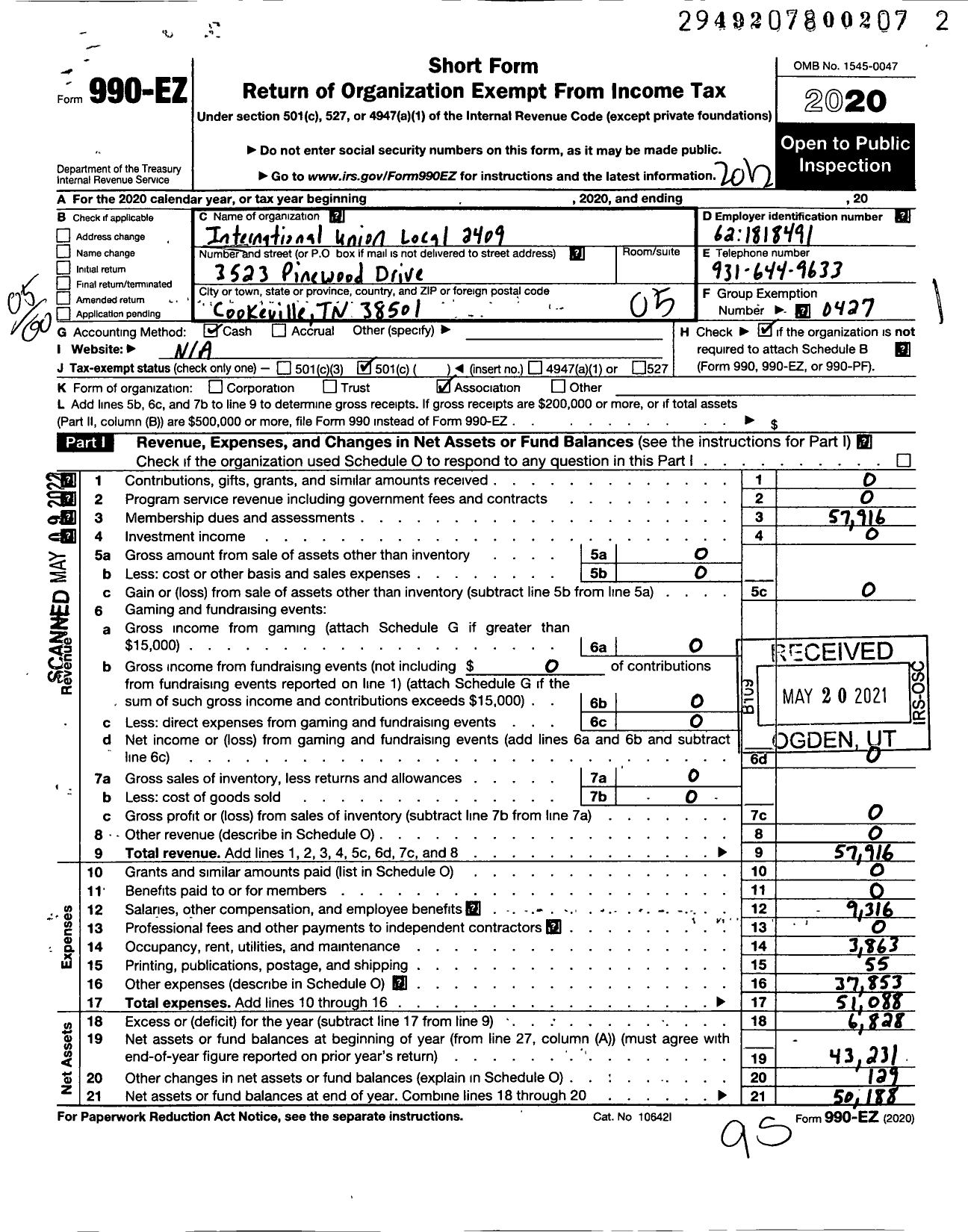 Image of first page of 2020 Form 990EO for Uaw - Uaw Local 2409