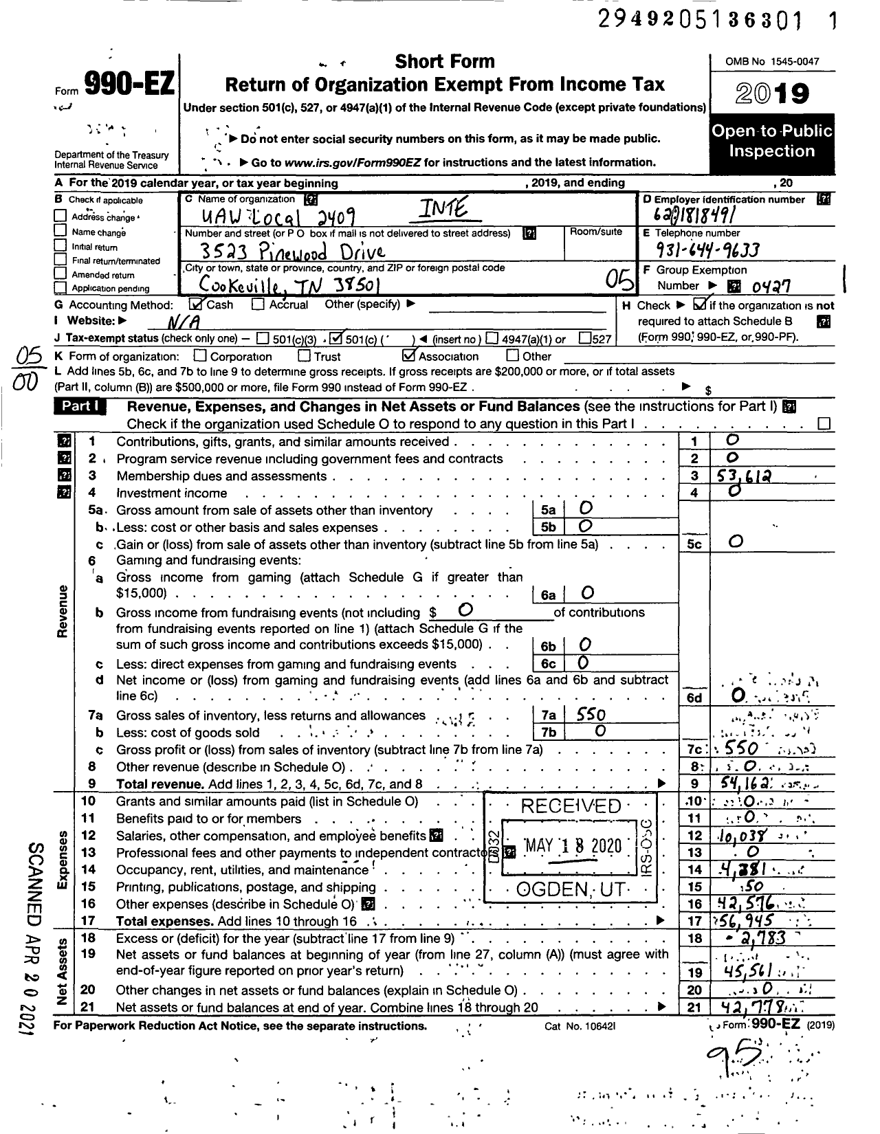 Image of first page of 2019 Form 990EO for Uaw - Uaw Local 2409