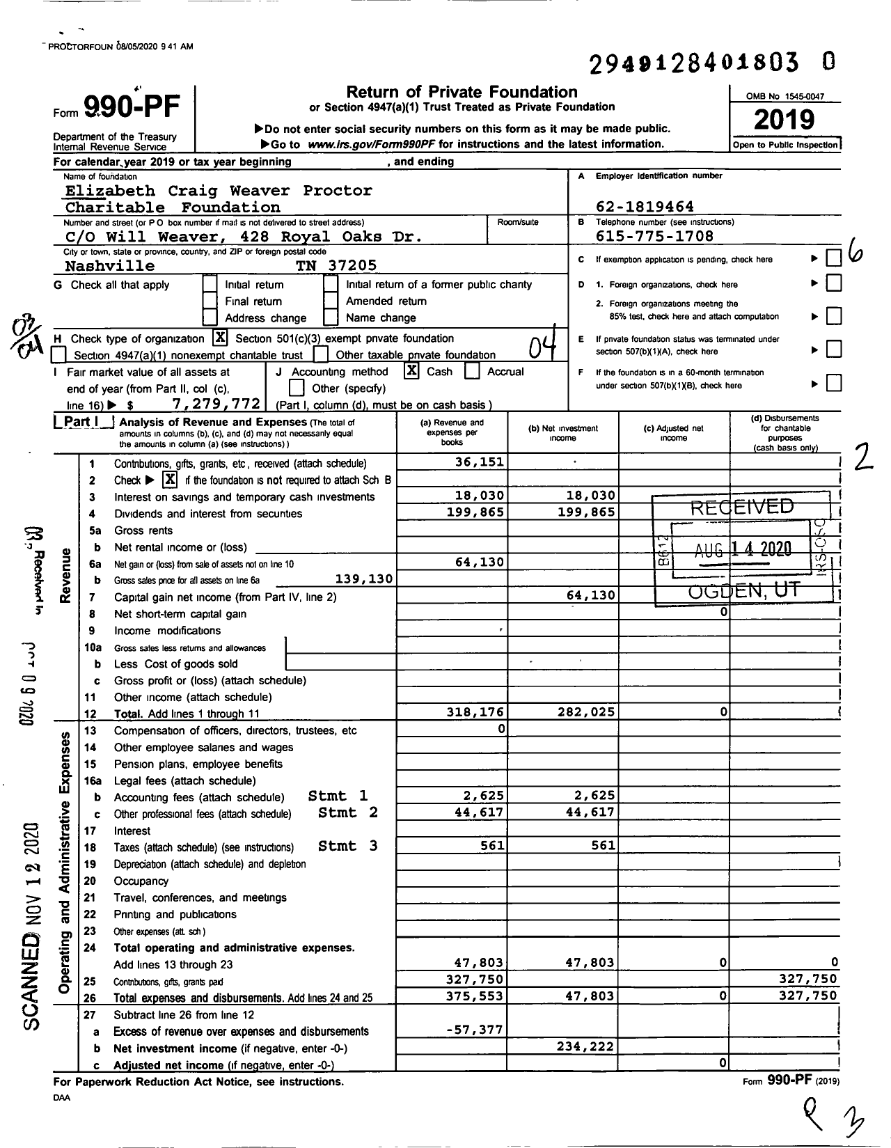 Image of first page of 2019 Form 990PF for Elizabeth Craig Weaver Proctor Charitable Foundation