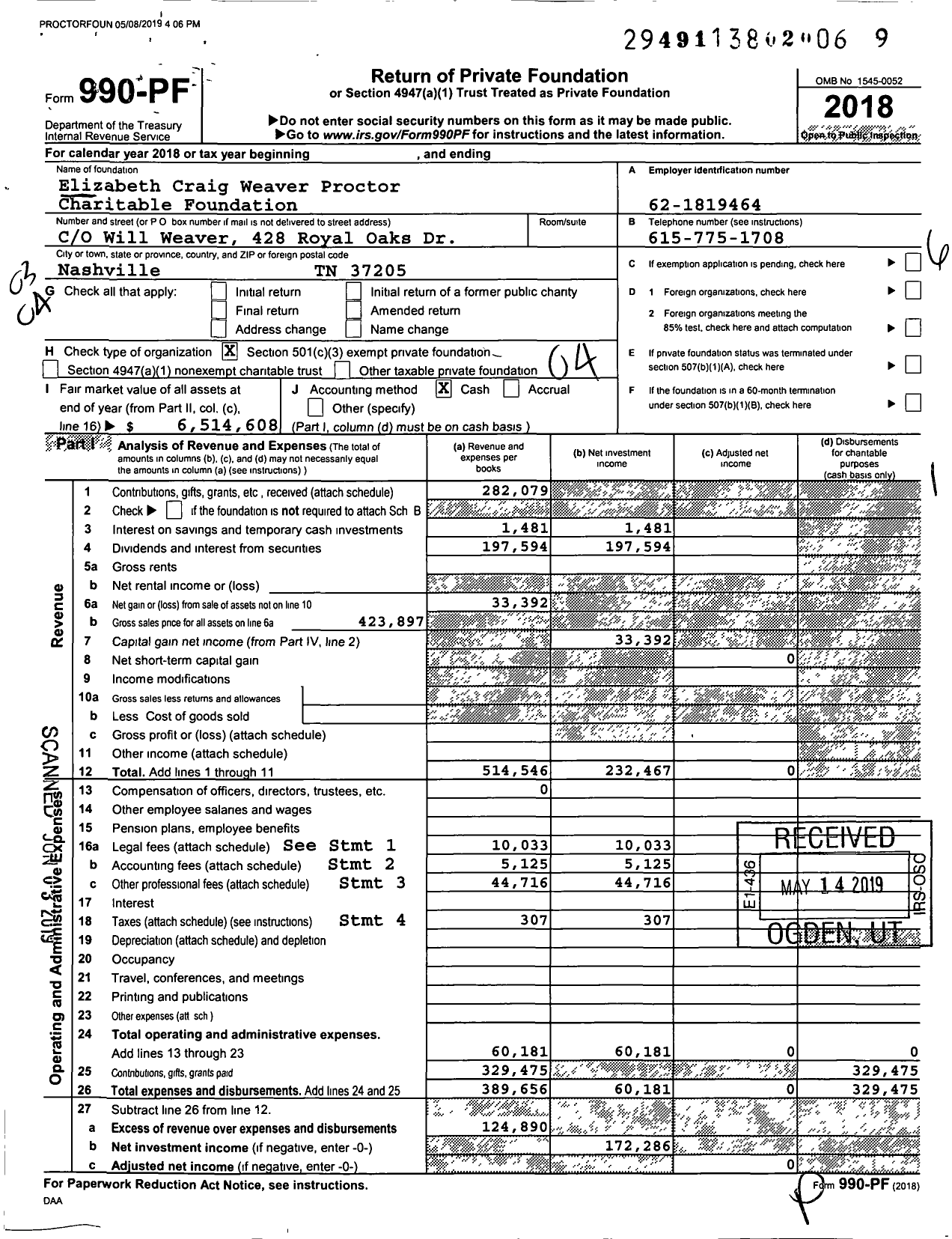 Image of first page of 2018 Form 990PF for Elizabeth Craig Weaver Proctor Charitable Foundation