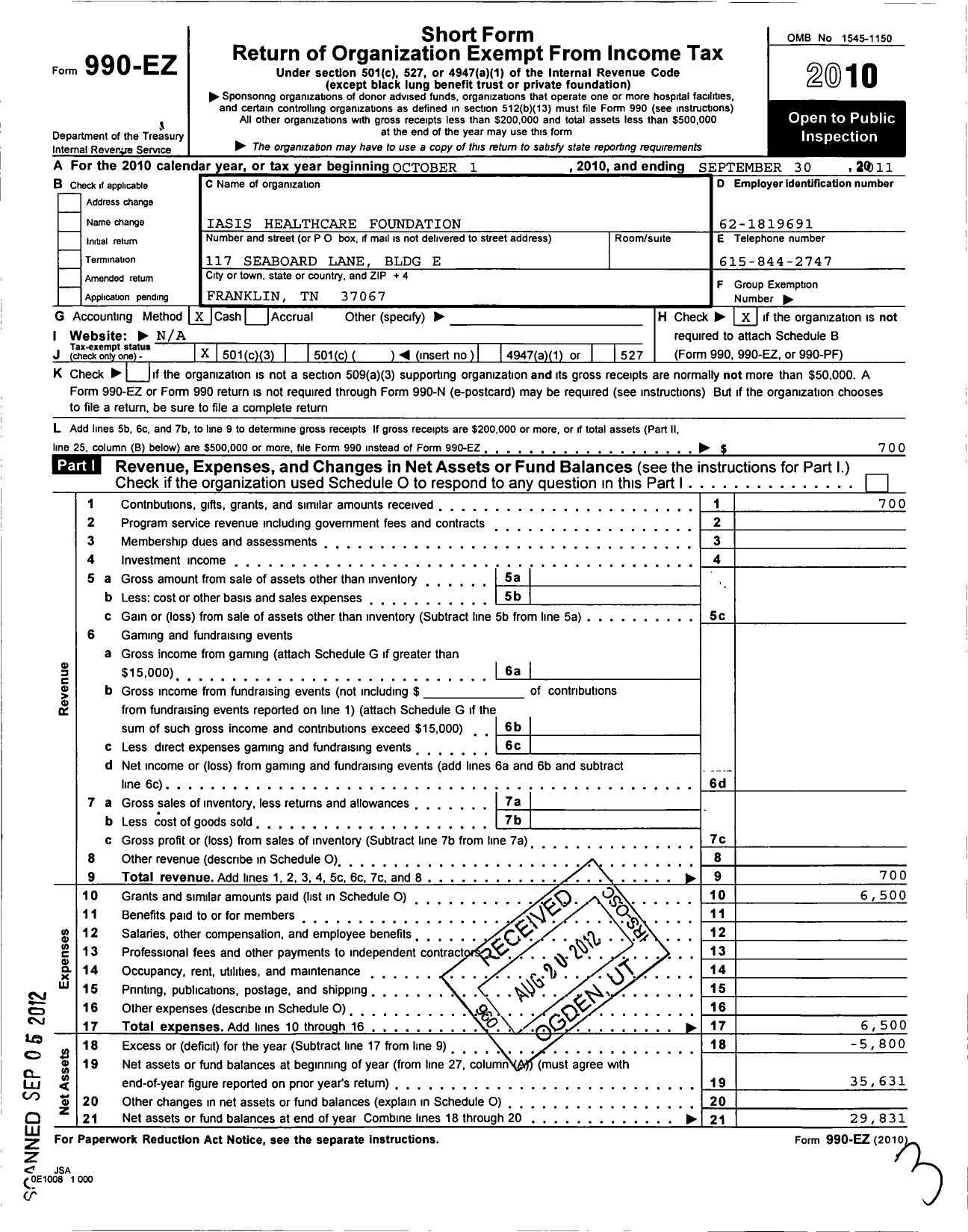 Image of first page of 2010 Form 990EZ for Iasis Healthcare Foundation