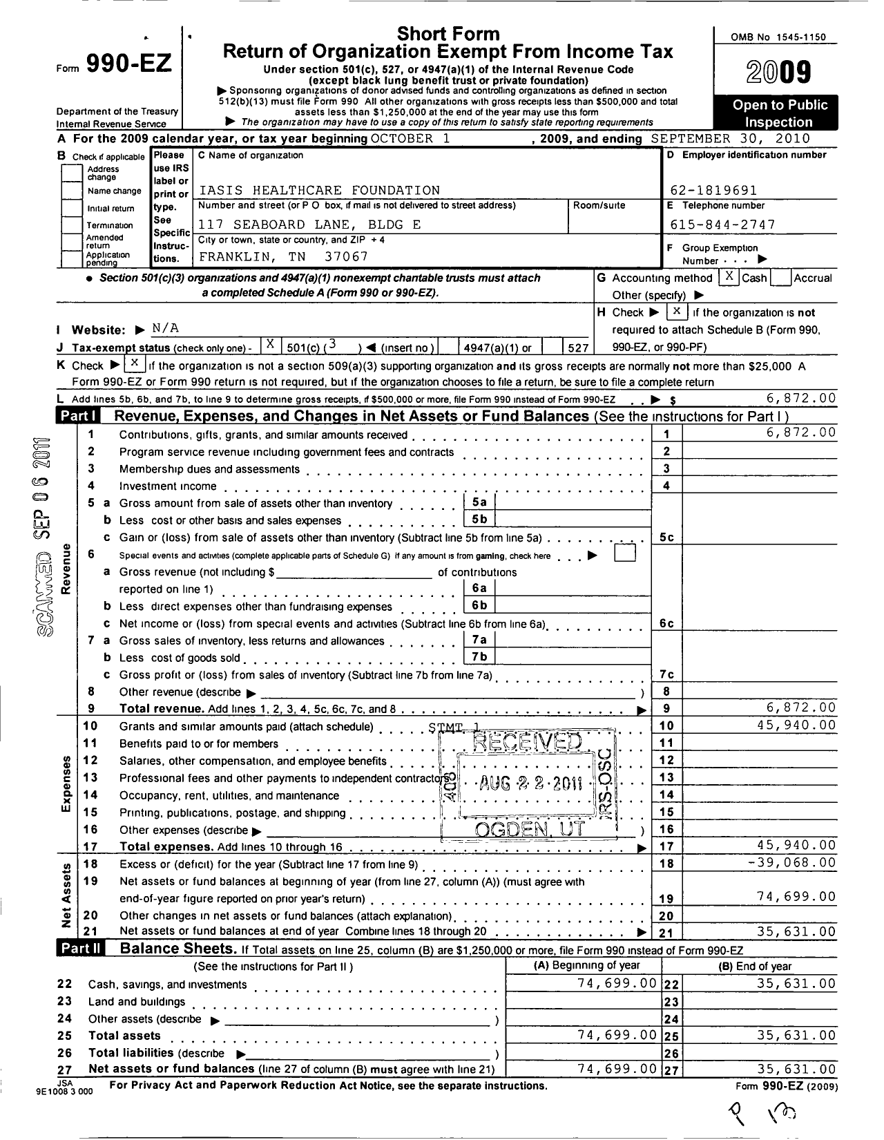 Image of first page of 2009 Form 990EZ for Iasis Healthcare Foundation