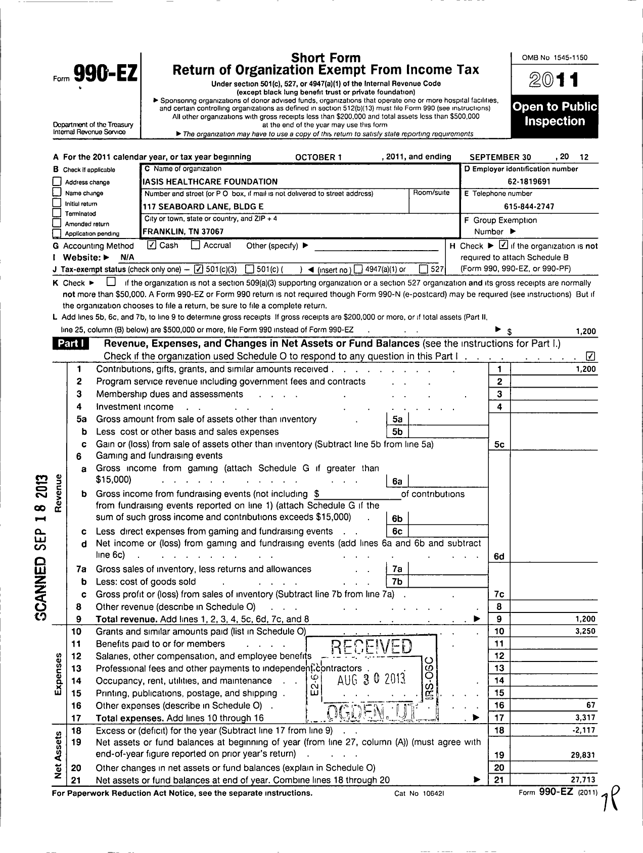 Image of first page of 2011 Form 990EZ for Iasis Healthcare Foundation