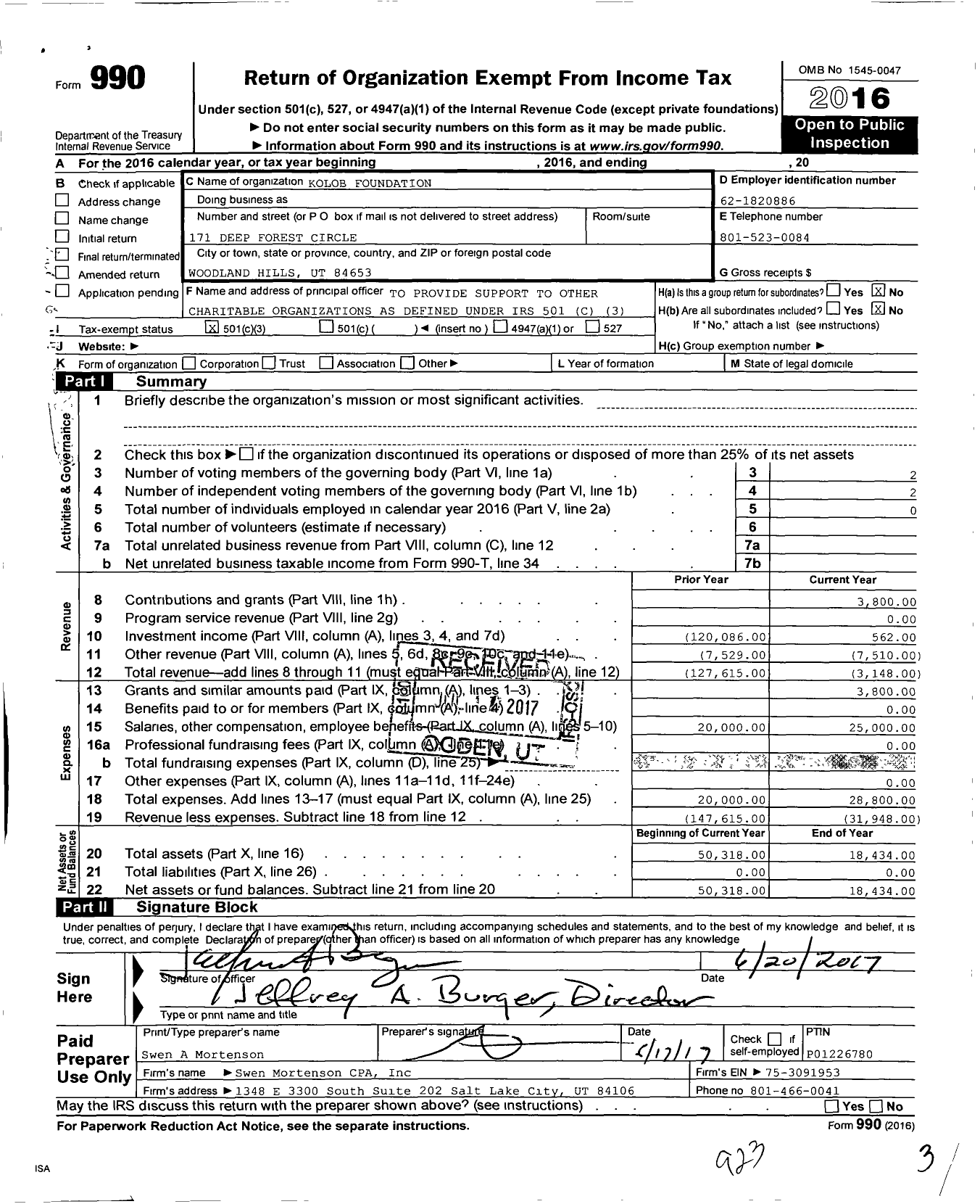 Image of first page of 2016 Form 990 for Kolob Foundation