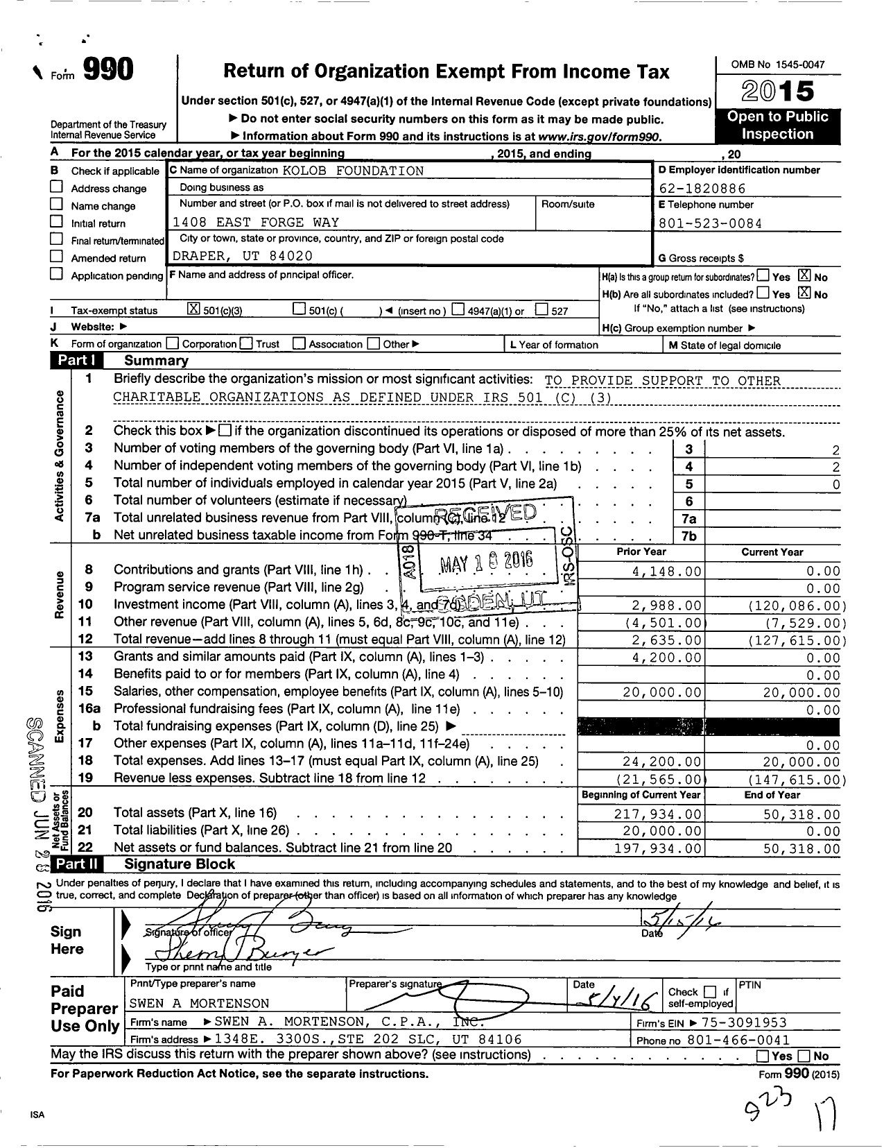 Image of first page of 2015 Form 990 for Kolob Foundation