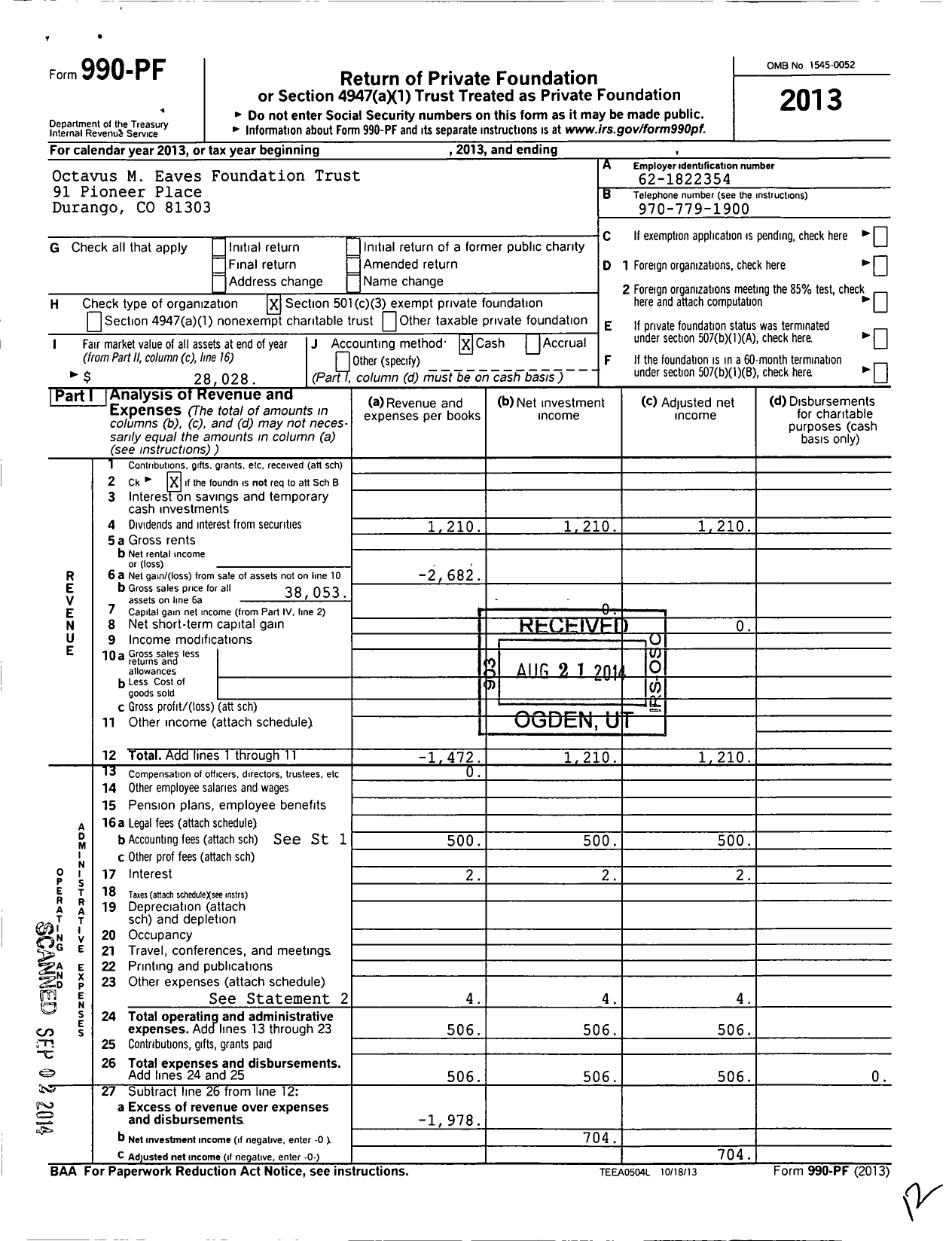 Image of first page of 2013 Form 990PF for Octavus M Eaves Foundation Trust