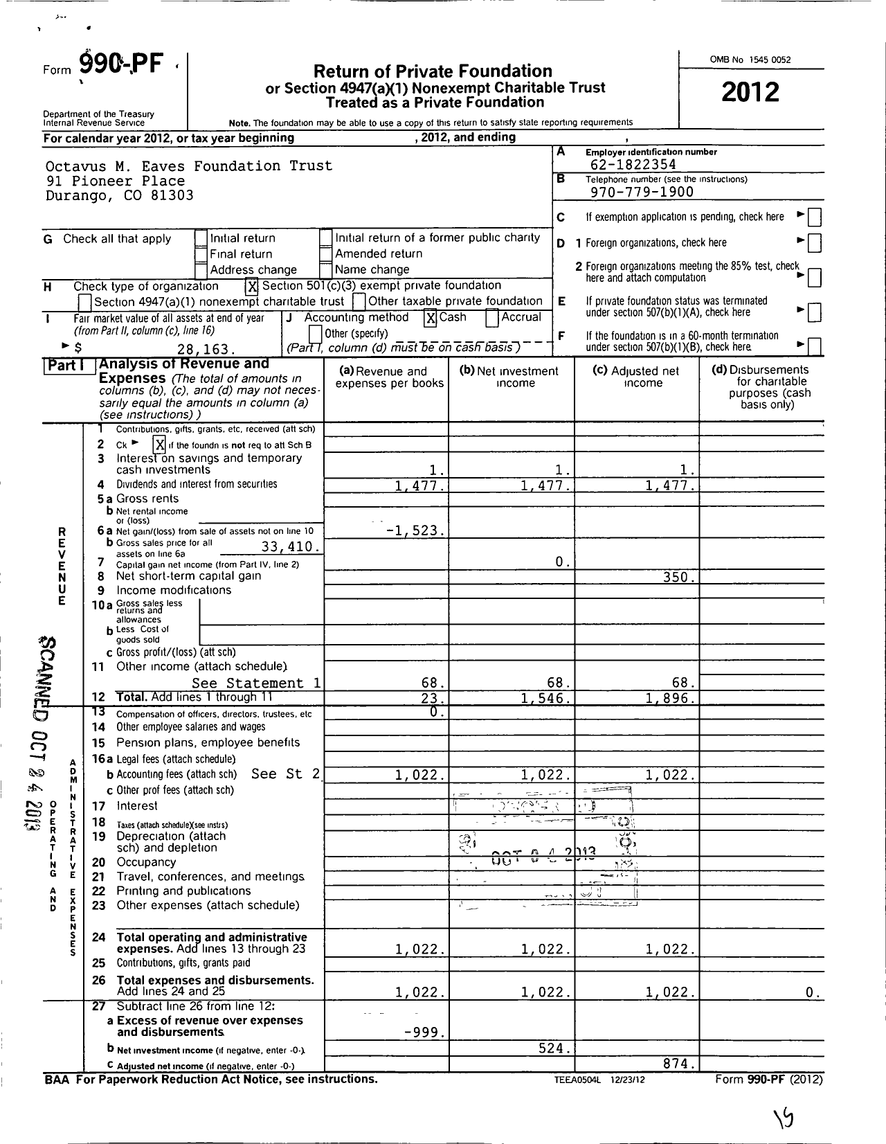 Image of first page of 2012 Form 990PF for Octavus M Eaves Foundation Trust