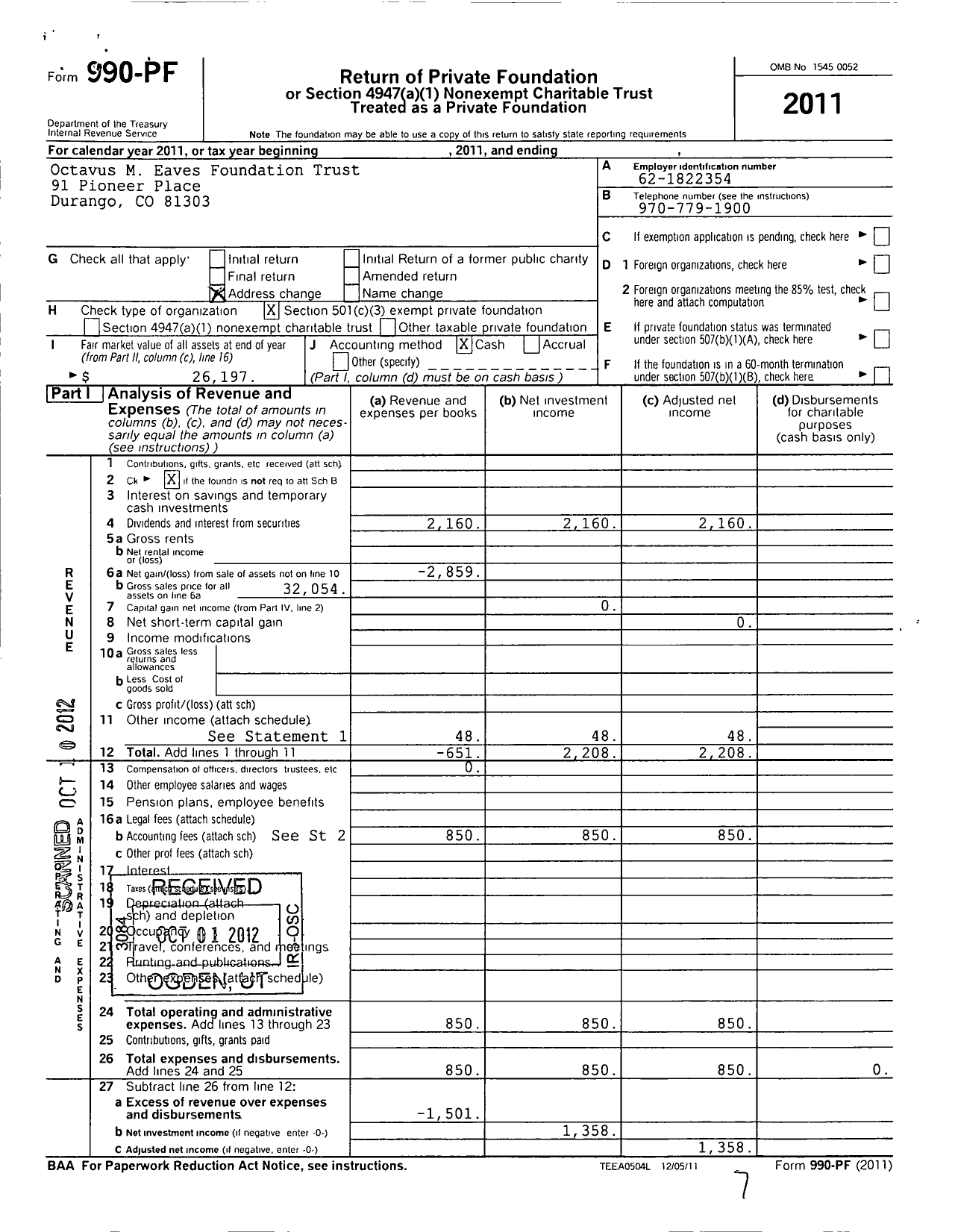 Image of first page of 2011 Form 990PF for Octavus M Eaves Foundation Trust