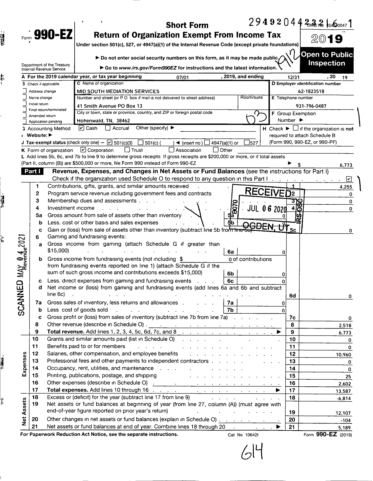 Image of first page of 2019 Form 990EZ for Mid South Mediation Services