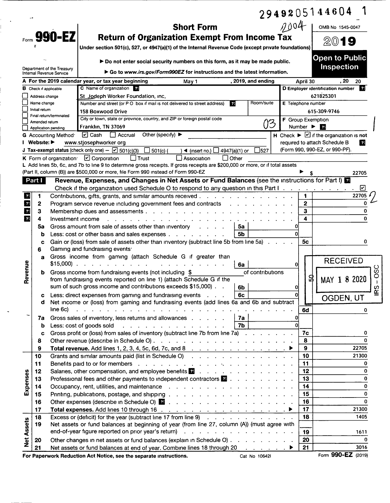Image of first page of 2019 Form 990EZ for St Joseph Worker Foundation