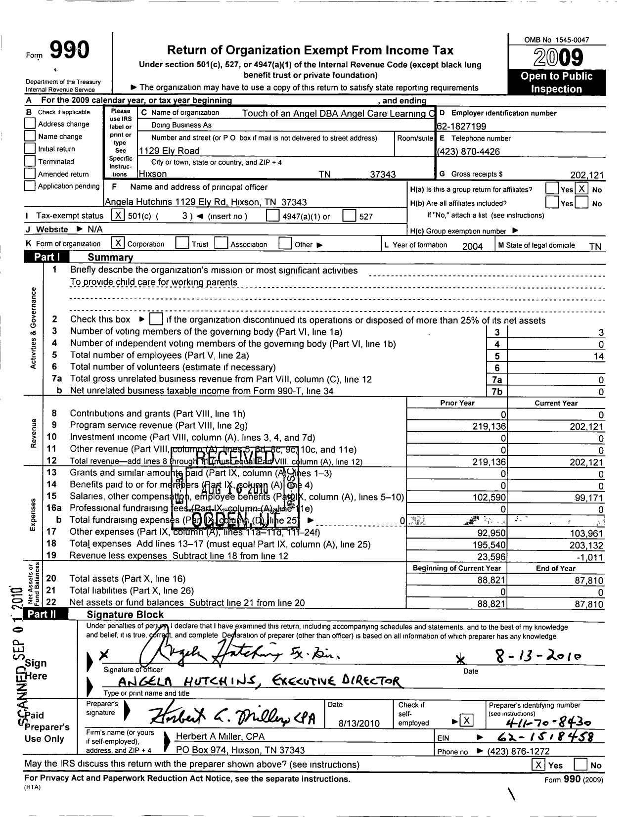 Image of first page of 2009 Form 990 for Touch of An Angel