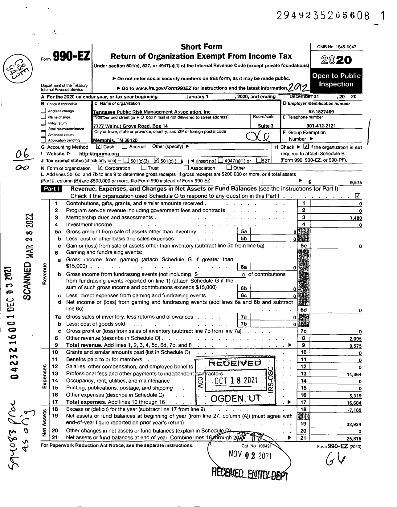 Image of first page of 2020 Form 990EO for Tennessee Public Rick Management As Association