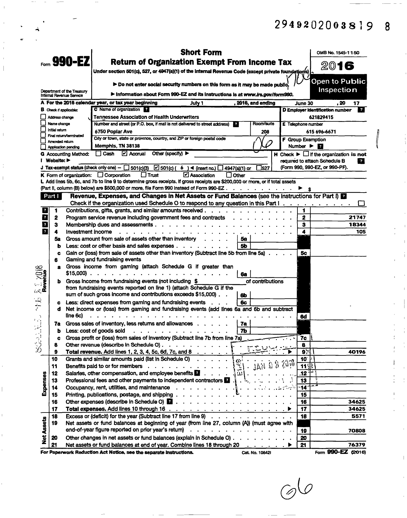 Image of first page of 2016 Form 990EO for Tennessee Association of Health Underwriters