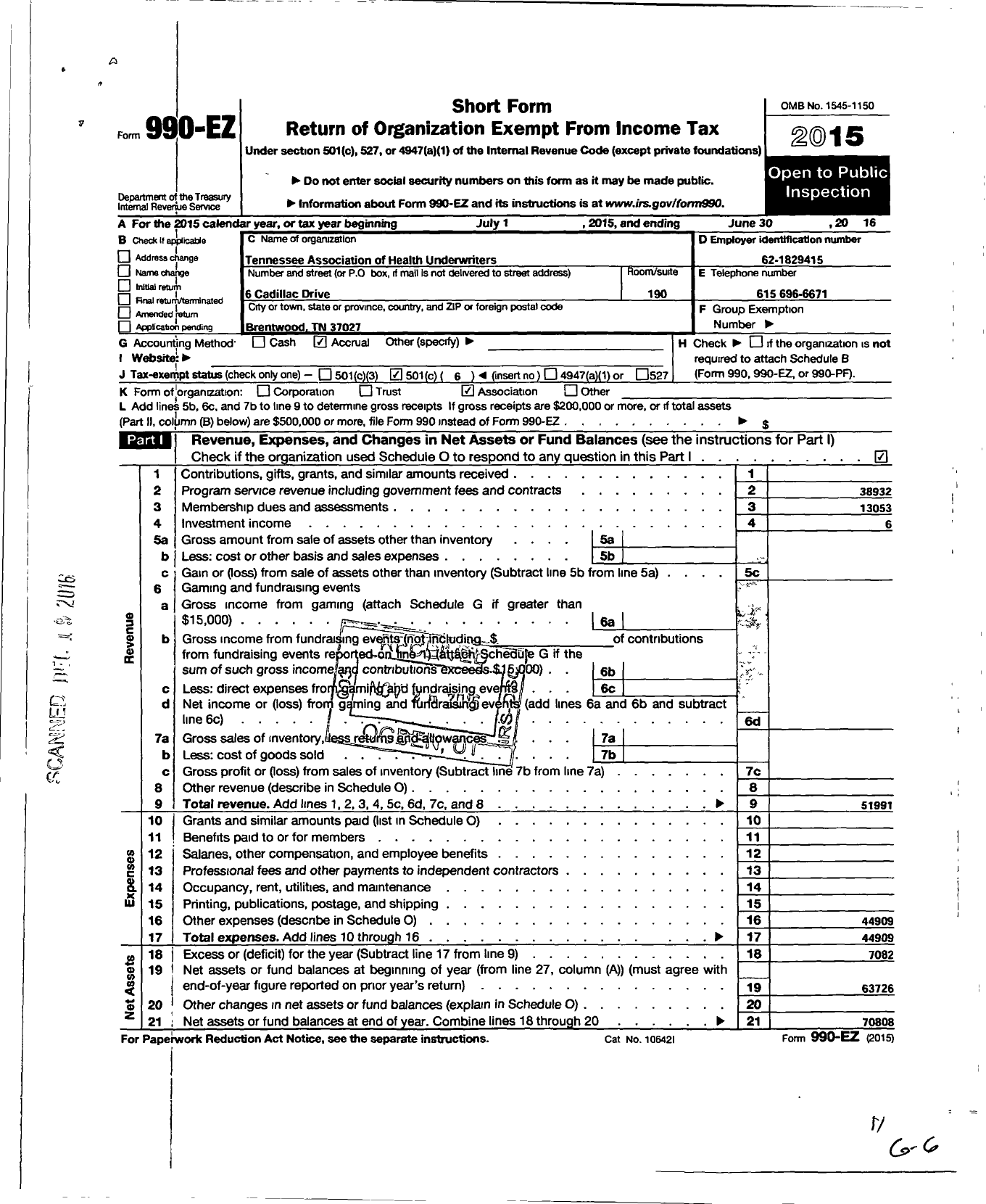 Image of first page of 2015 Form 990EO for Tennessee Association of Health Underwriters